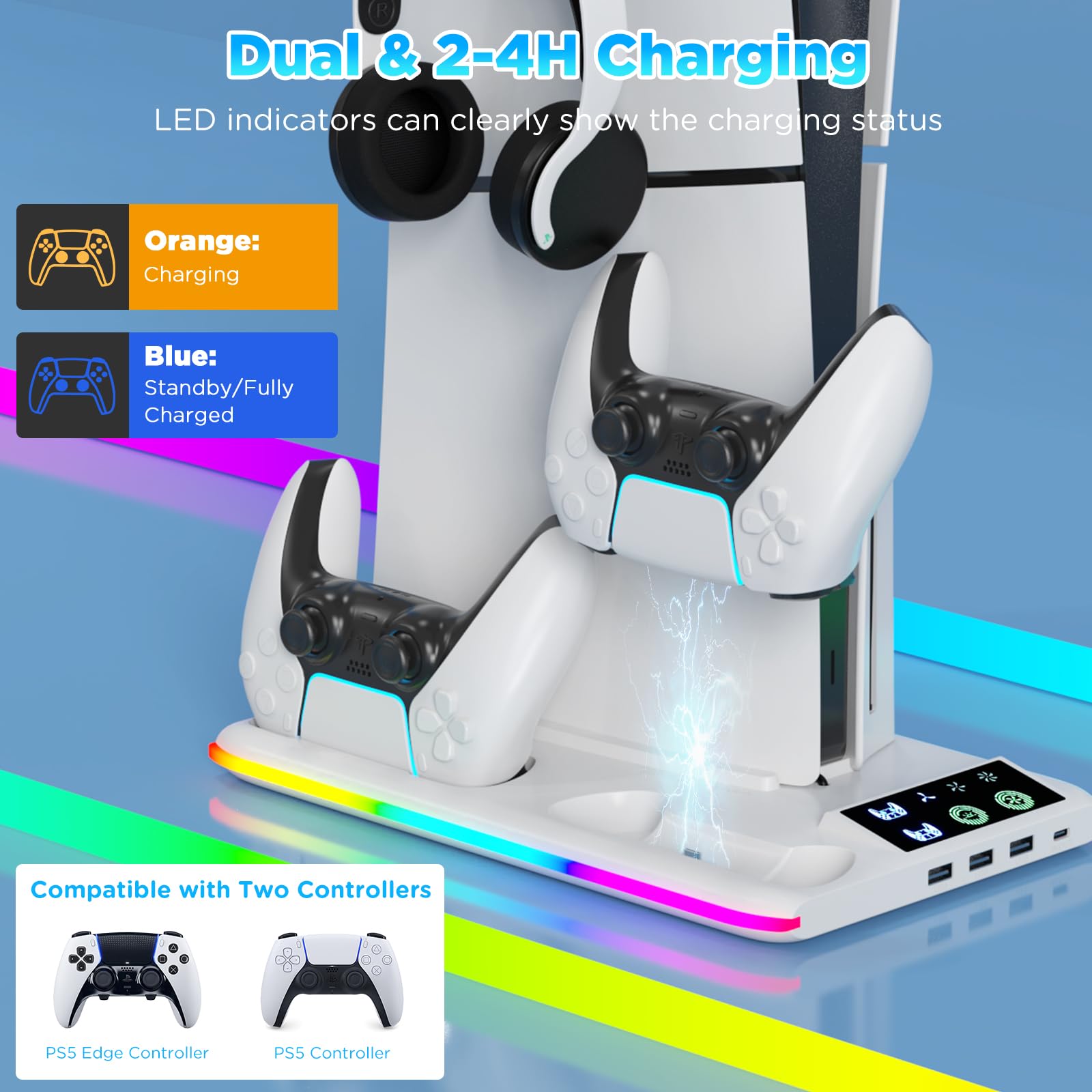 PS5/PS5 Slim Verticale Supporto di Raffreddamento, Stazione di raffreddamento per PS5/PS5 Slim con 3 Velocità, Ganci per Cuffie Stazione di Ricarica Doppio Controller, per Disc/Digital Edition