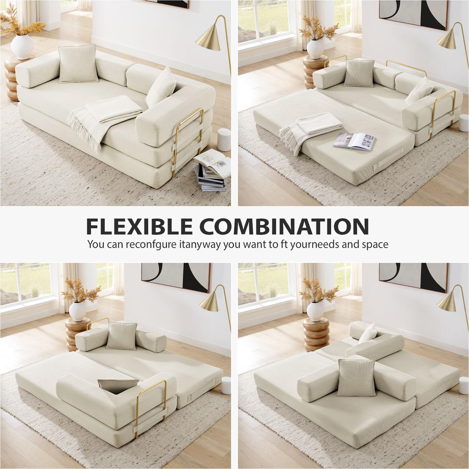 4-in-1 Folding Convertible Sofa Bed, 78 Inch Boneless Couch with Fixed-Shape Frame, Corduroy Loveseat Sleeper with Pull Out Bed, Floor Sofa Modular Futon Couch for Living Room Bedroom Lounge (Beige)