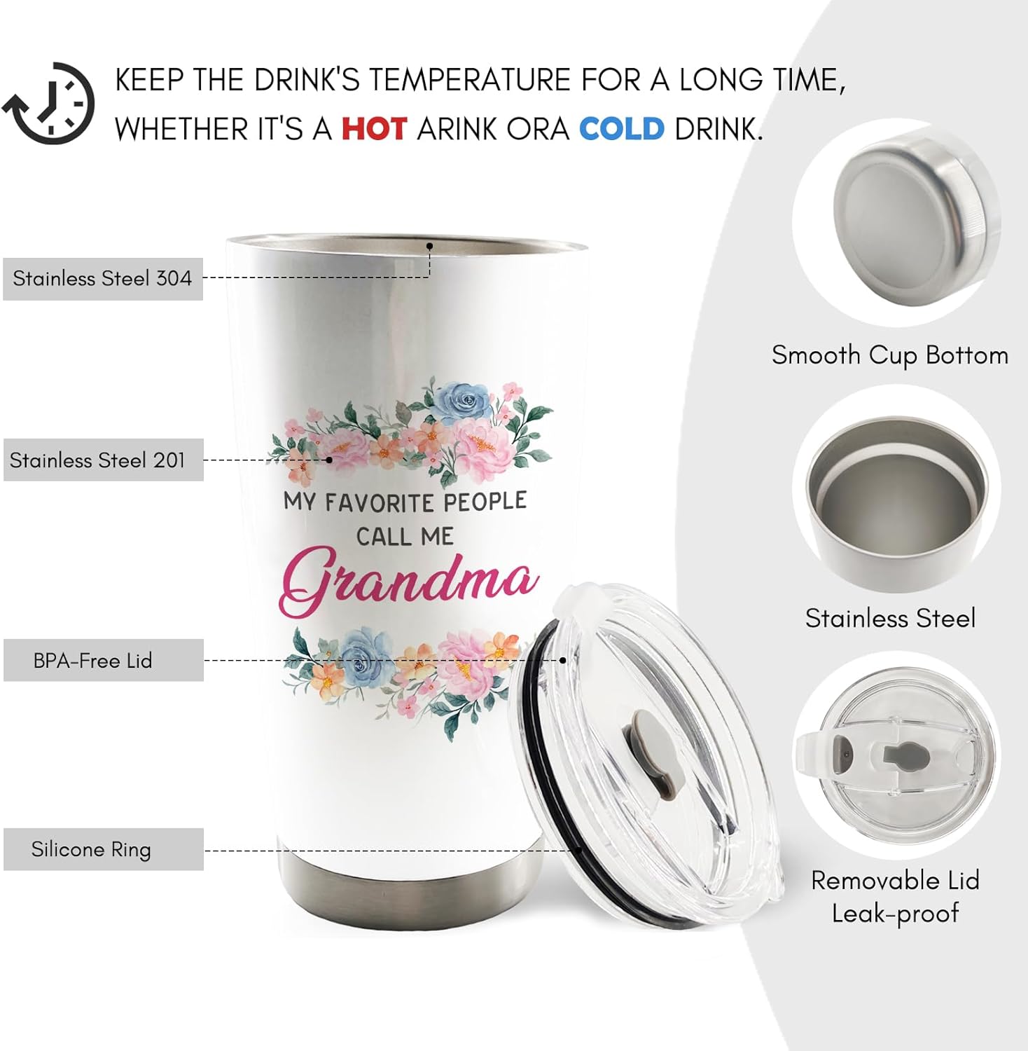 Grandma 20oz Travel Coffee Mug Tumbler, Mother's Day Birthday Gifts from Grandkids,My Favorite People Call Me Grandma Floral Water Stainless Steel Tumbler with Lid and Straw Drinkware - Image 6