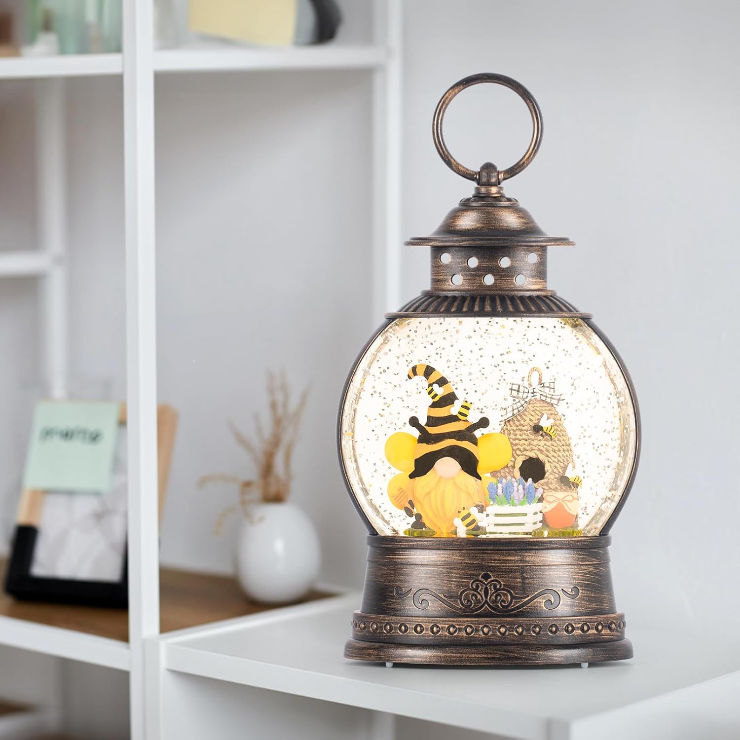 Easter Snow Globe Bee Hive Decor Spring Light Up Snow Globe 6H Timer Honey Bee Decorations for Spring Decor,Home Shelf Decor,Battery Operated & USB Operated