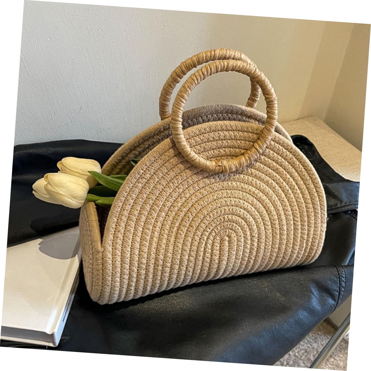 Abaodam Borsa in Corda di Cotone Intrecciata a Mano Texture Delicata, Capiente e Portatile, Stile Rustico per Picnic e Spiaggia Khaki