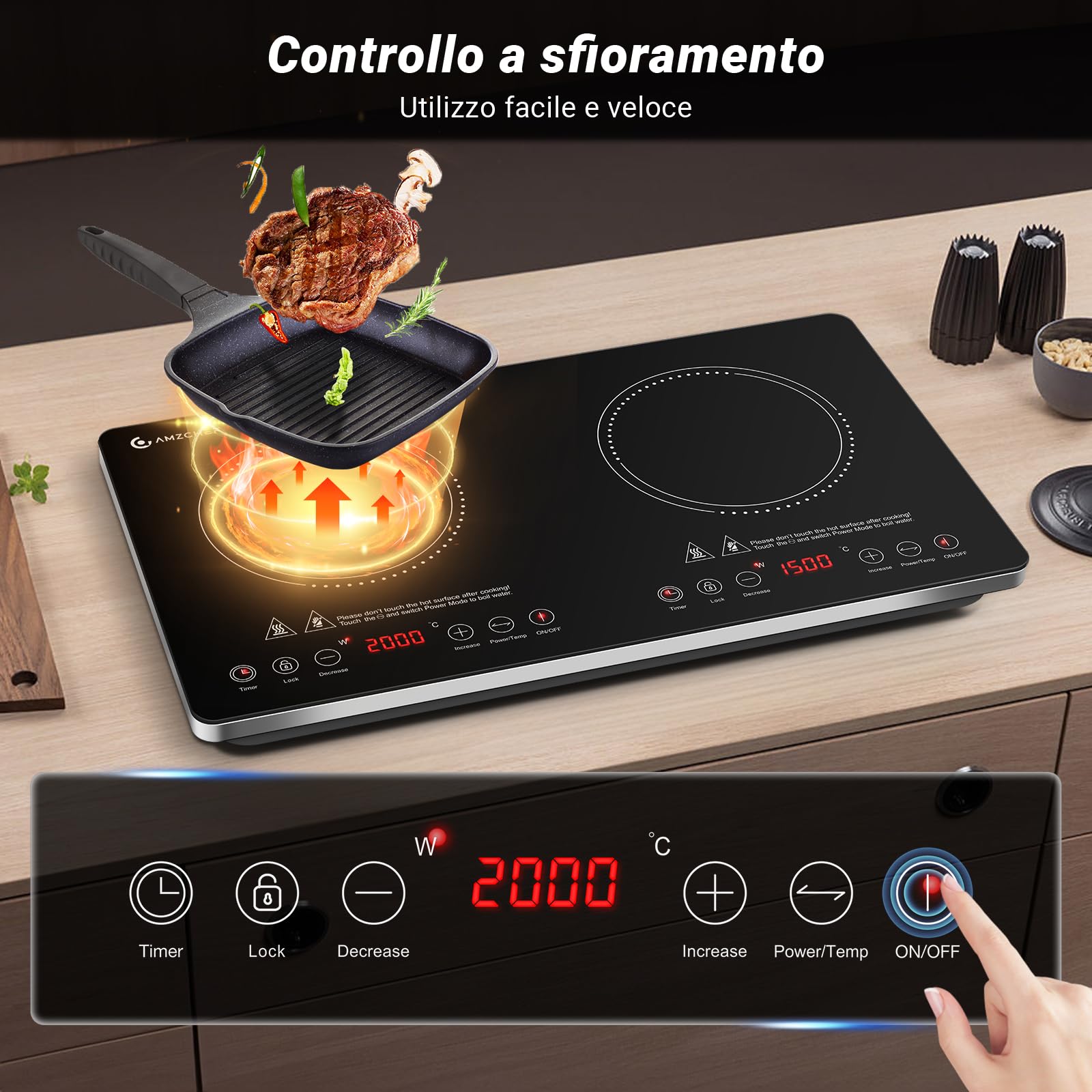 AMZCHEF Piastra Induzione 2 Fuochi Con IGBT Importato, 20 Livelli di Temperatura, 20 e 15 Livelli di Potenza, 3500W Piano Cottura Con Timer di 4 Ore, Blocco di Sicurezza