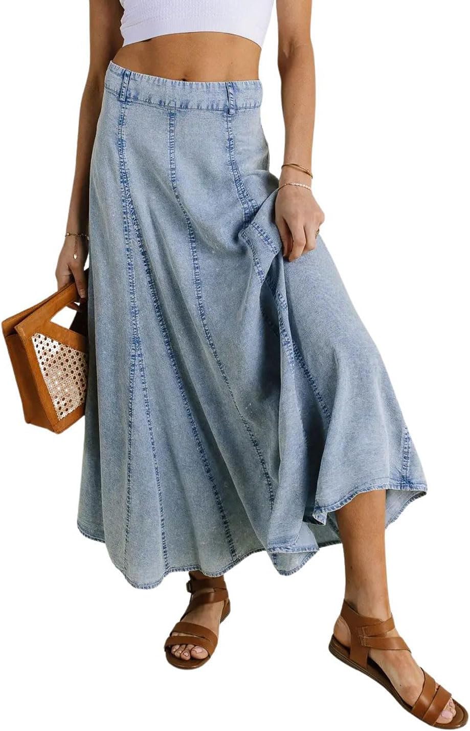 CHARTOU Women Vintage Long Denim Skirt Flowy Big Hem Slouchy Washed Jean Skirt