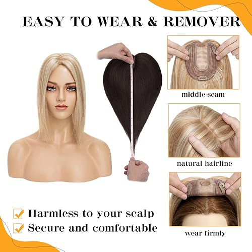 Miniatura 5 de S-noilite Toppers para el cabello humano real para mujer, sin flequillo, #12P613 marrón dorado y rubio decolorado, extensiones de cabello de 6