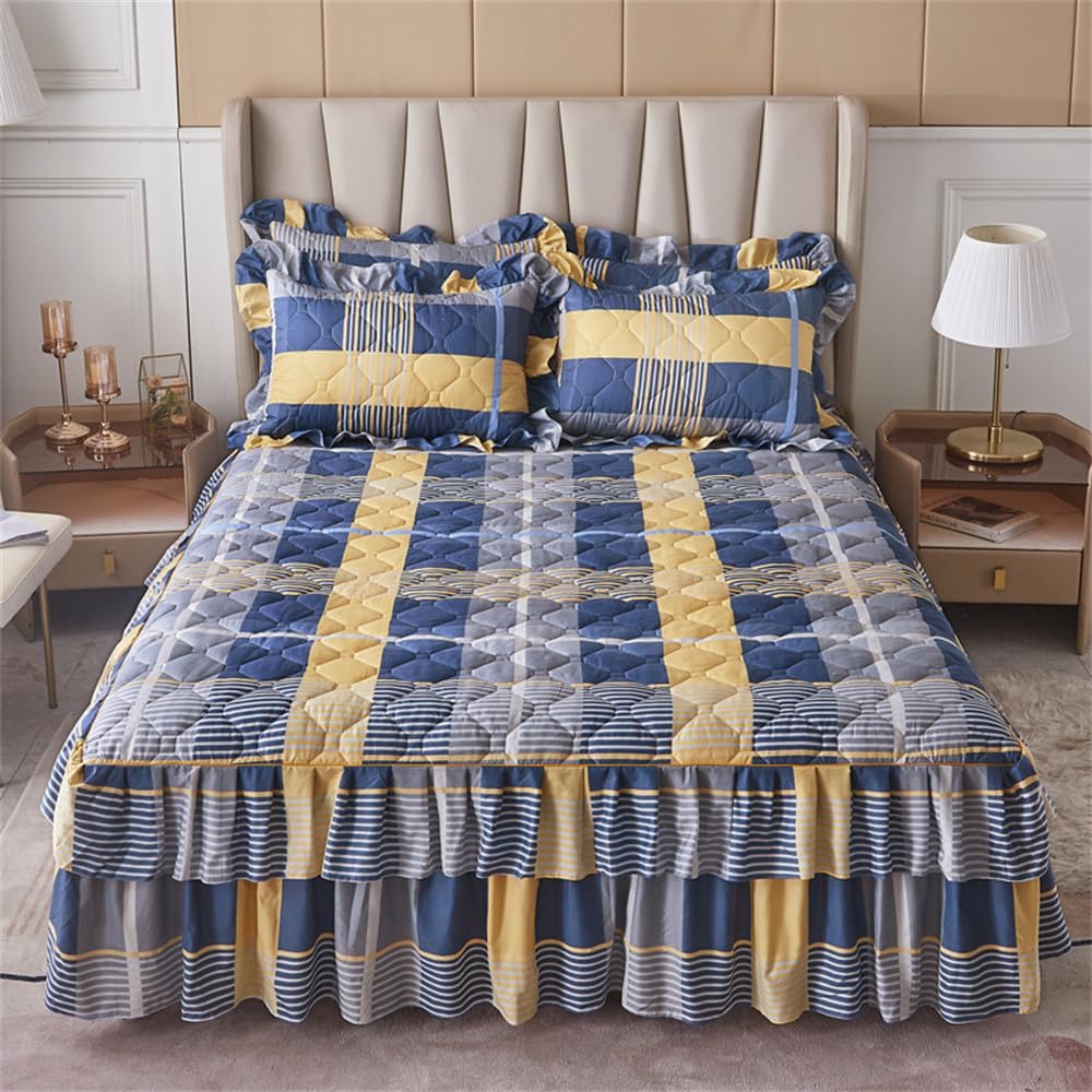 Morbuy Gonna da Letto Trapuntata per Singolo Matrimoniale e Una Piazza e Mezza Elasticizzata Copriletto con Volant Coprirete per Letto Lenzuola con 2 Federe (150x200cm,Giallo Blu)