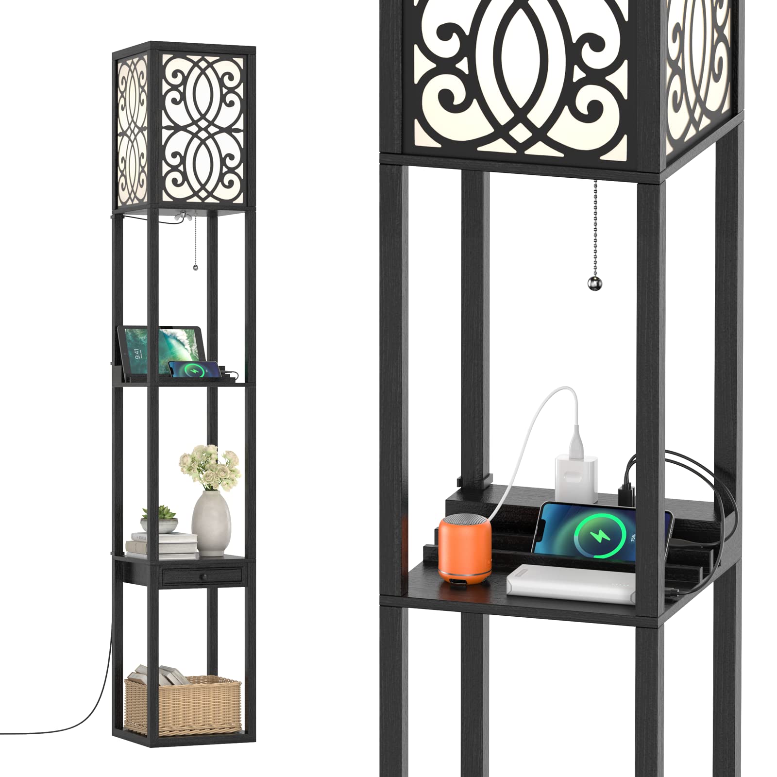 GOPLUS Lámpara de Pie con 3 Estantes Abiertos y Cajón, 2 Puertos USB, E27, Moderna para Salón, Dormitorio, Oficina, Negro, 26x26x160,5cm