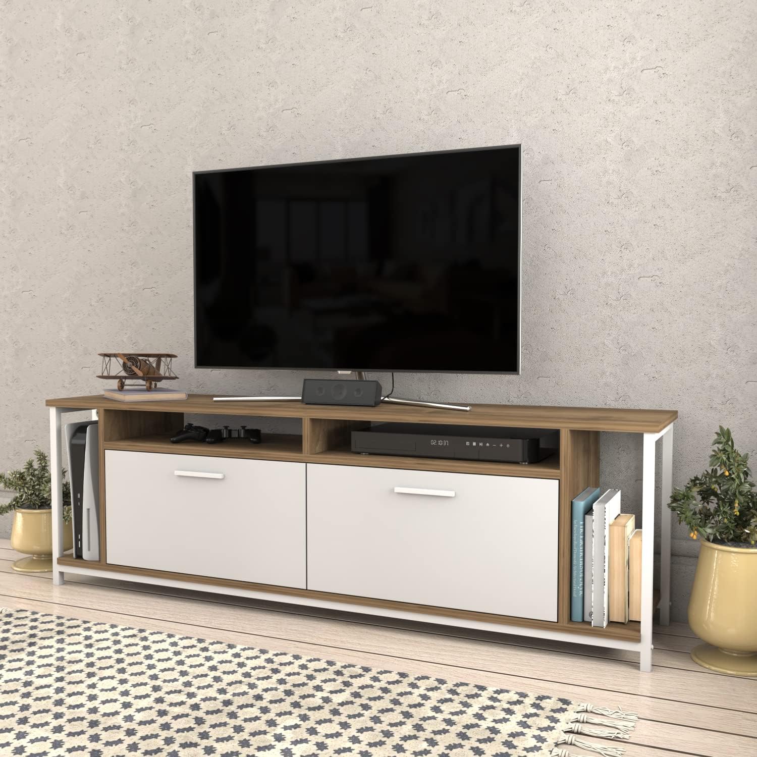 Decorotika Omar TV Stand in a living room setting with a television and media devices