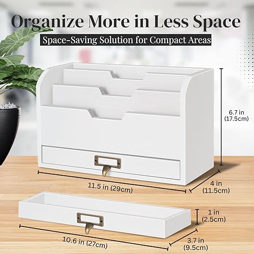 Miniatura 6 de Flexzion Organizador de escritorio de madera de 3 niveles - organizador de correo rústico campestre, compartimentos para encimera, bandeja de