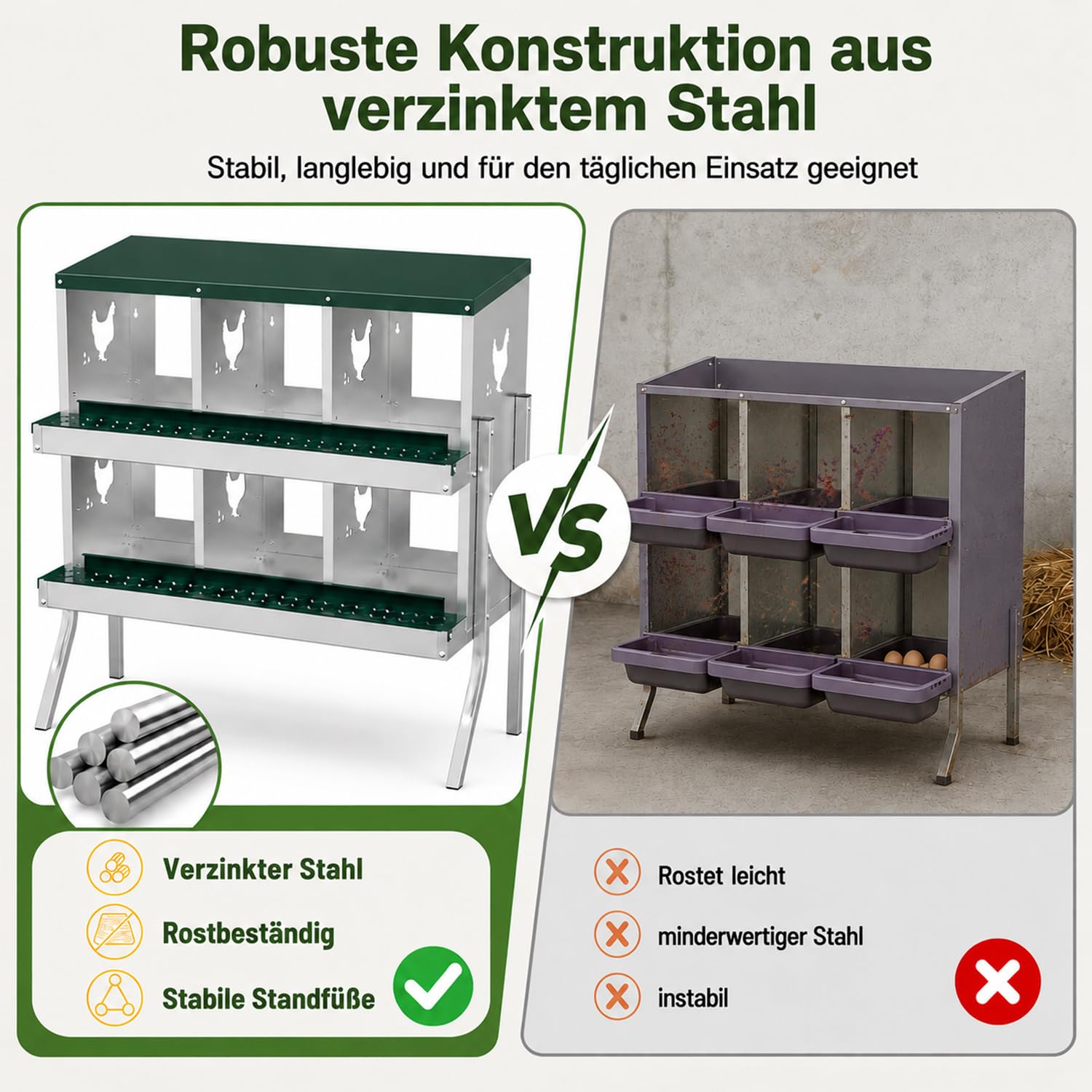 Legenest für Hühner aus Metall mit 6 Fächern, Abrollnest und Standfüßen
