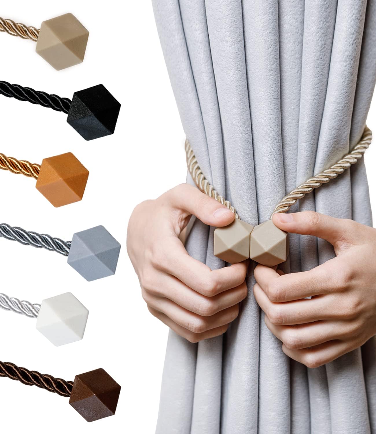 Magnetic Curtain Tiebacks- Upgrade 2022 with a Thicker Twist Rope & Strong Magnet Tieback Window Treatment Holdbacks Draperies Holders Decorative Drape Handmade Tie Back (Beige, 4)