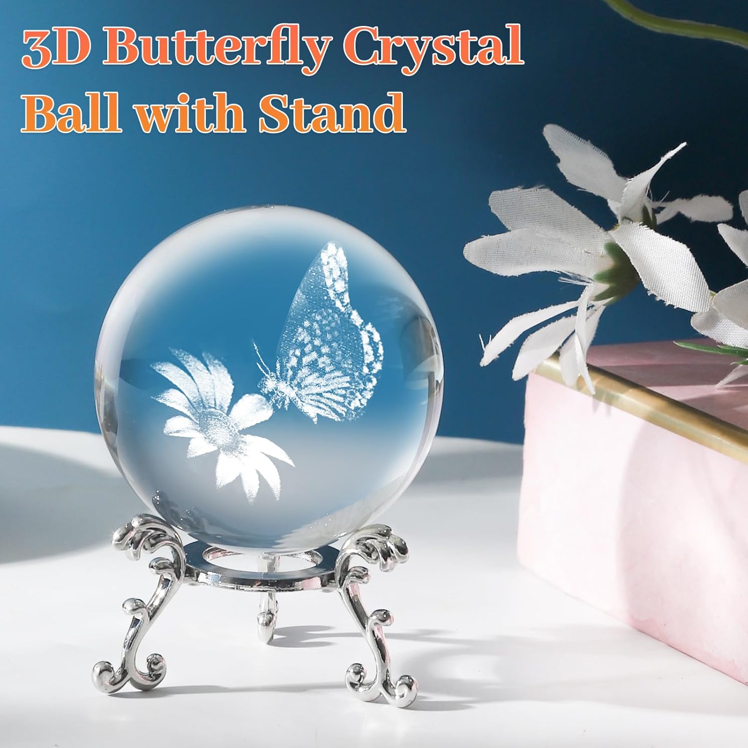 3D Butterfly Crystal Ball with Stand Lase Engraved Glass Sphere Paperweight Butterfly Decor Gift - Image 4
