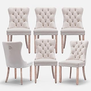 Velvet Upholstered Dining Chairs Set of 6, Modern Style Kitchen Side Chairs with Nailhead Trim and Wood Legs,Metal Pulling Ring for Dining Room Living Room(Beige,Set of 6)
