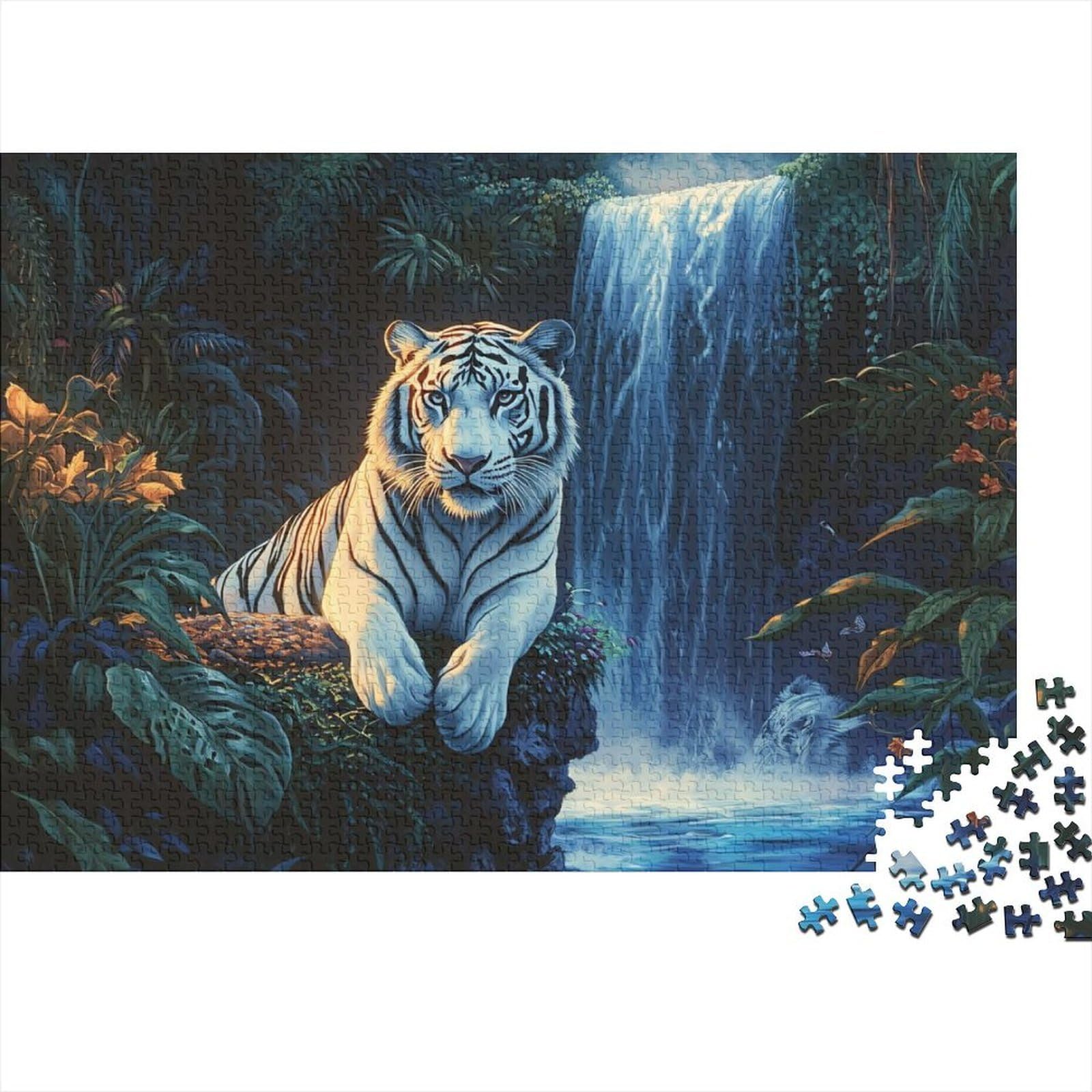 White Tiger Jungle Scene 1000 Pc Cardboard DIY Fantasy Wildlife Art Style Puzzle, Challenging Family Game, Vibrant Colours, Stress Relief & Home Decor 52x38cm/1000pcs