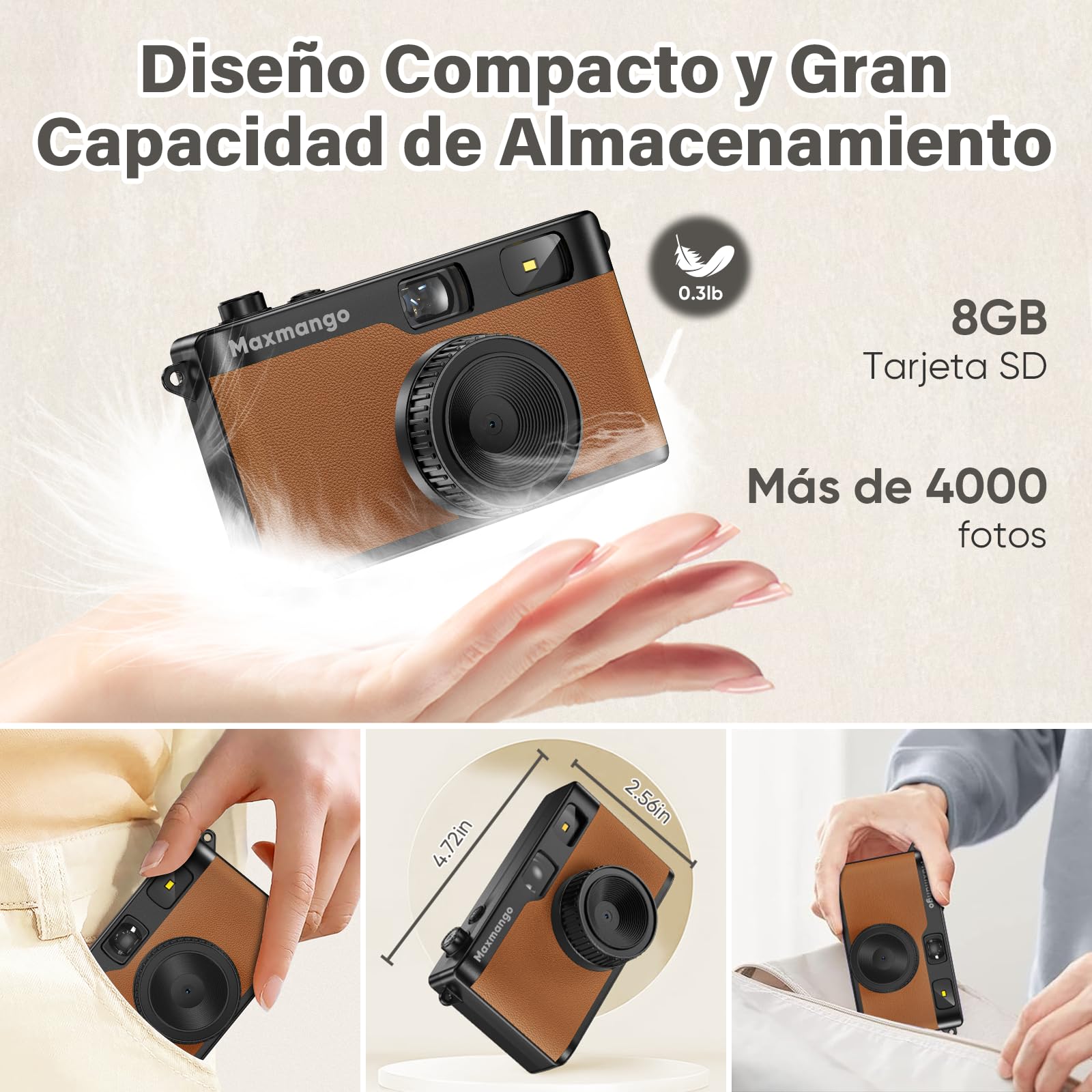 Maxmango D53 Cámara Digital de Estilo Retro sin Pantalla, 12 MP Filtros DIY, Cámara Digital compacta sin Pantalla con Tarjeta SD de 8 GB para 4000 Fotos (Marrón) - 5