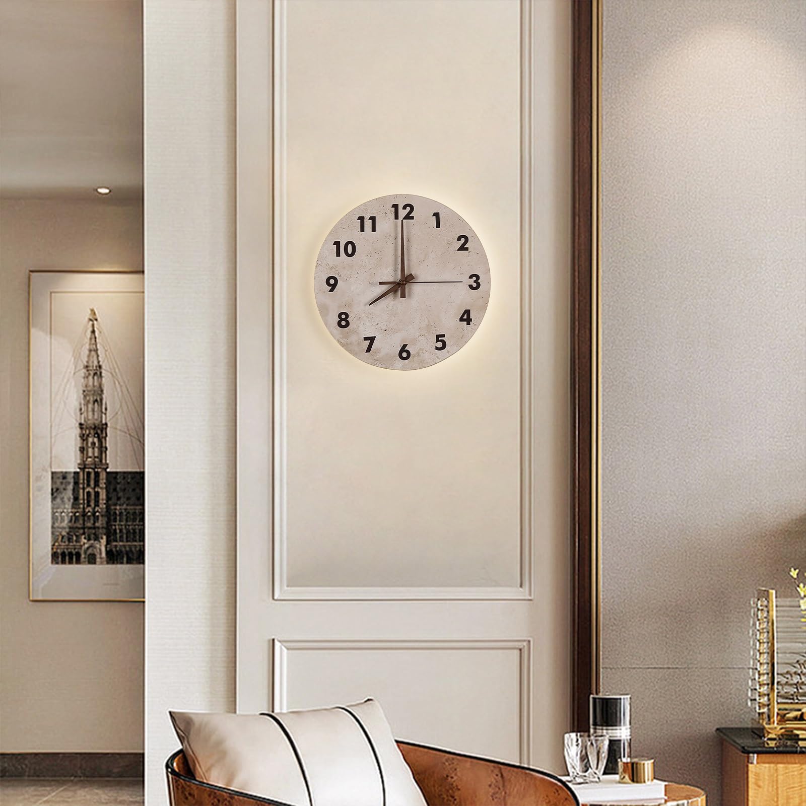 Applique Murale Ronde en Pierre, Horloge en travertin Naturel, 30 cm (12 Pouces) avec rétroéclairage LED et Aiguilles silencieuses en Noyer, Horloge décorative pour la Maison ou Le