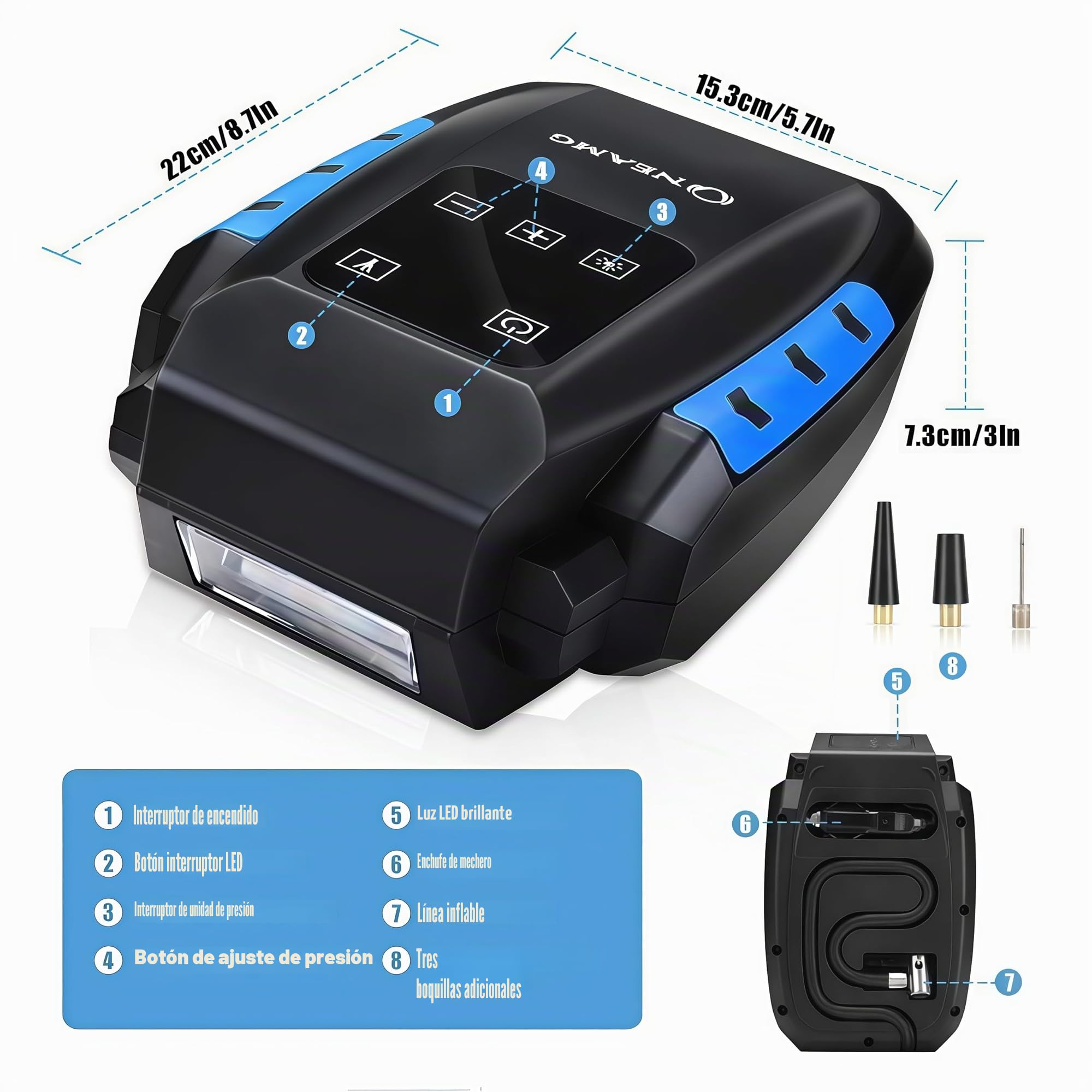Compresor de Aire Eléctrico Portátil Alimentado con Manómetro 12V con LED Luces de Emergencia para Hinchar Neumático de Moto Coche y Bicicleta (Negro)