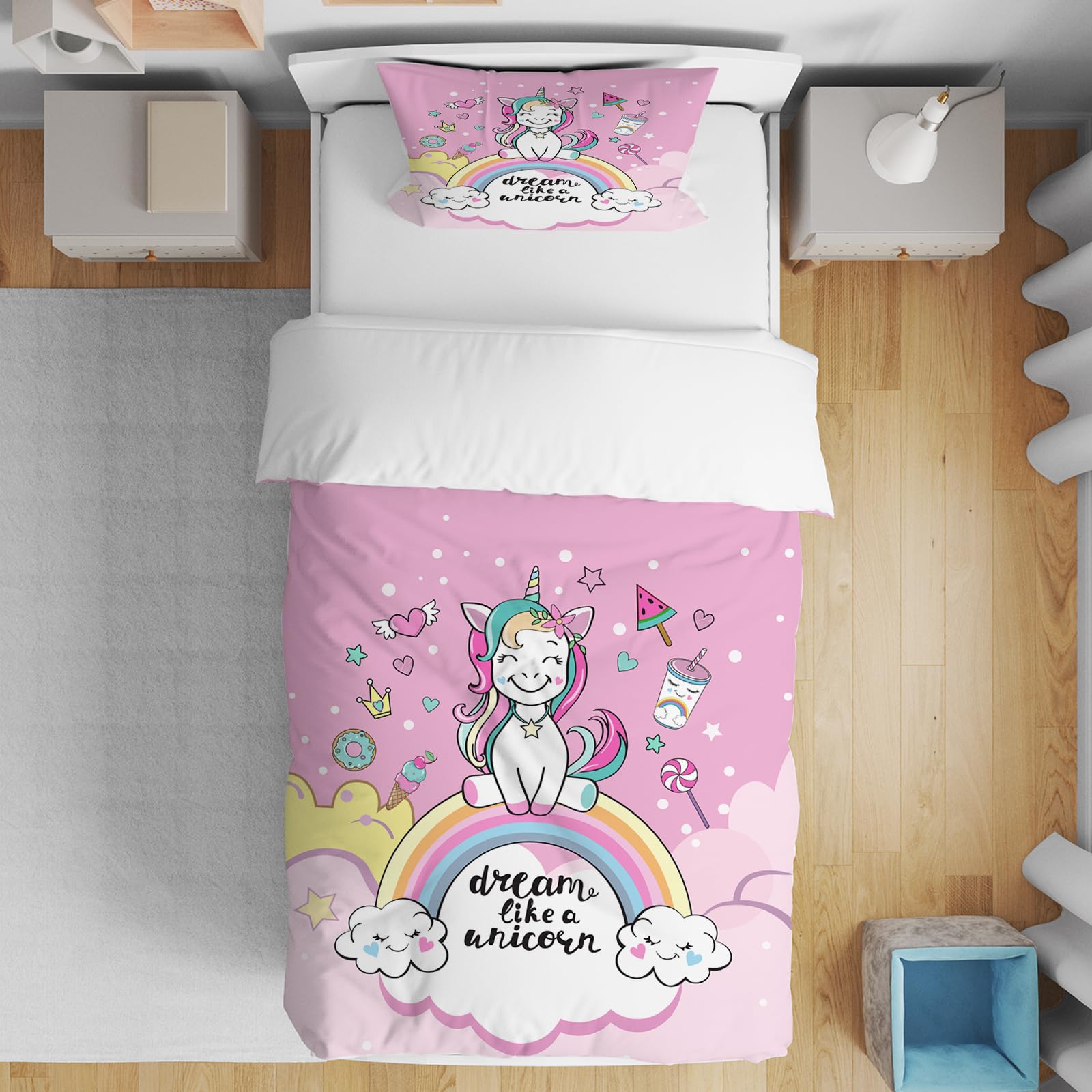 AVJWWD Set di biancheria da letto per bambini, in microfibra, con motivo a unicorno, con stampa 3D, 3 pezzi, con chiusura a strappo, morbido per ragazze (C, 120x150cm)