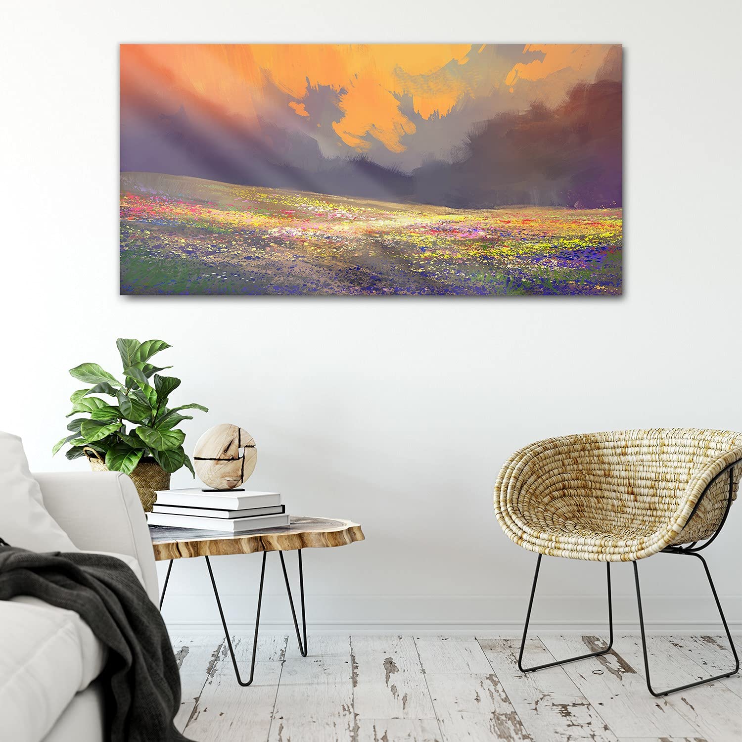 Coloray Pintura acrílica Cuadro De Pared 100x50cm Vidrio Acrílico Sala De Estar Arte Mural - Flores pradera cielo