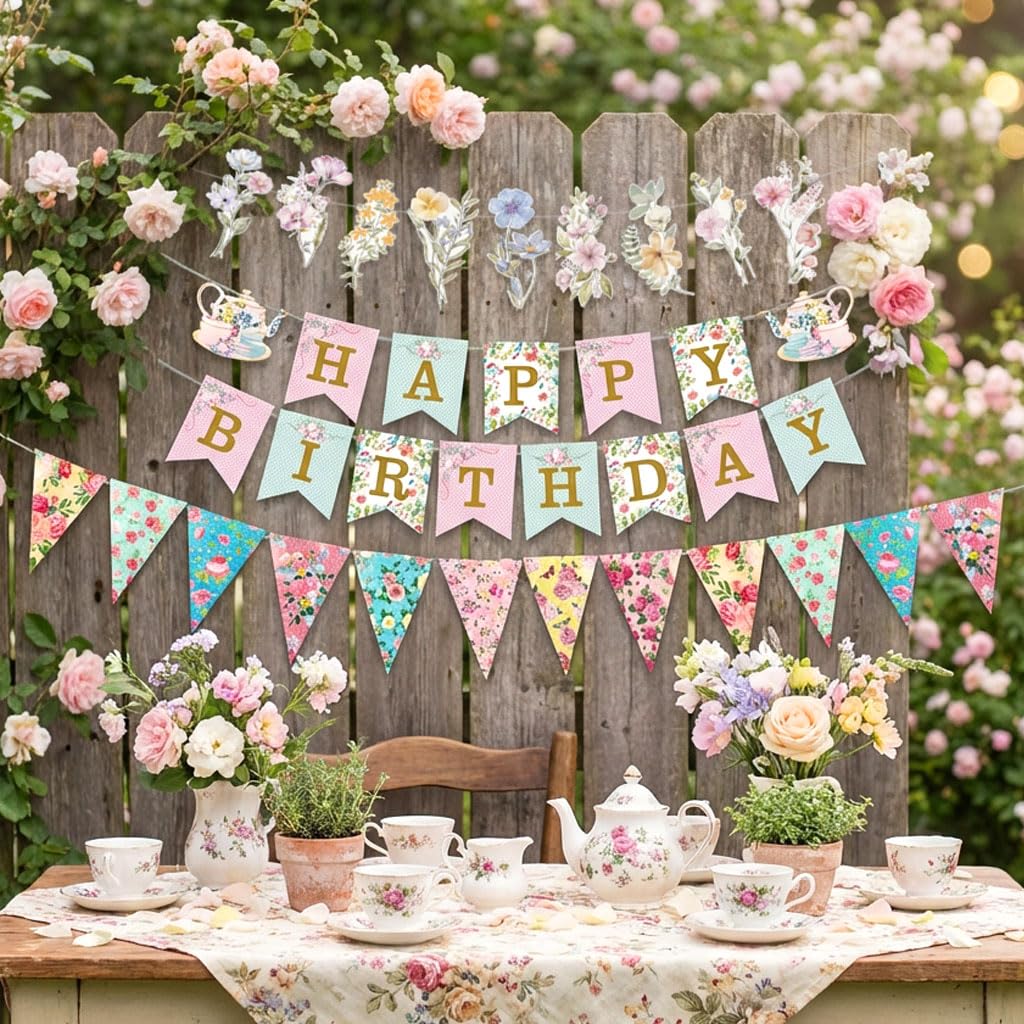 Bannière anniversaire fête de thé élégante pour une décoration de garden party réussie