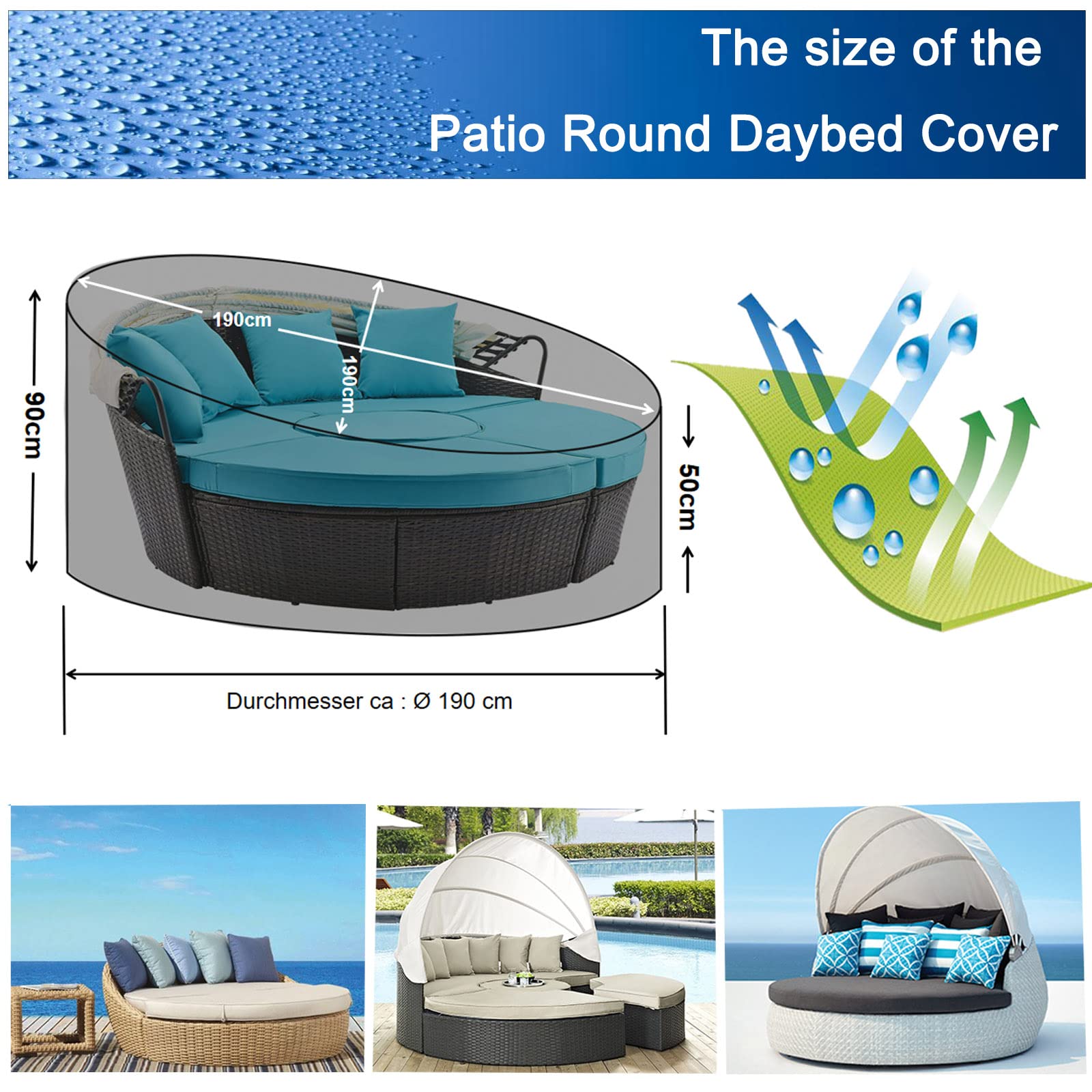Housse Lit de Jardin, Housse de Protection Canapé lit Rond avec Manipuler & Bandoulière, Housse Bain de Soleil Imperméable Oxford 420D - Gris (190 * 90-50cm)