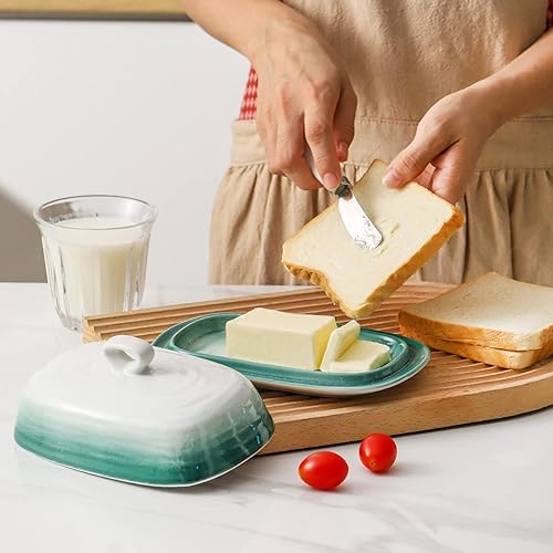 Miniatura 7 de Hasense Mantequillera con tapa, plato de mantequilla de cerámica con tapa para encimera, soporte de mantequilla de porcelana con diseño de mango