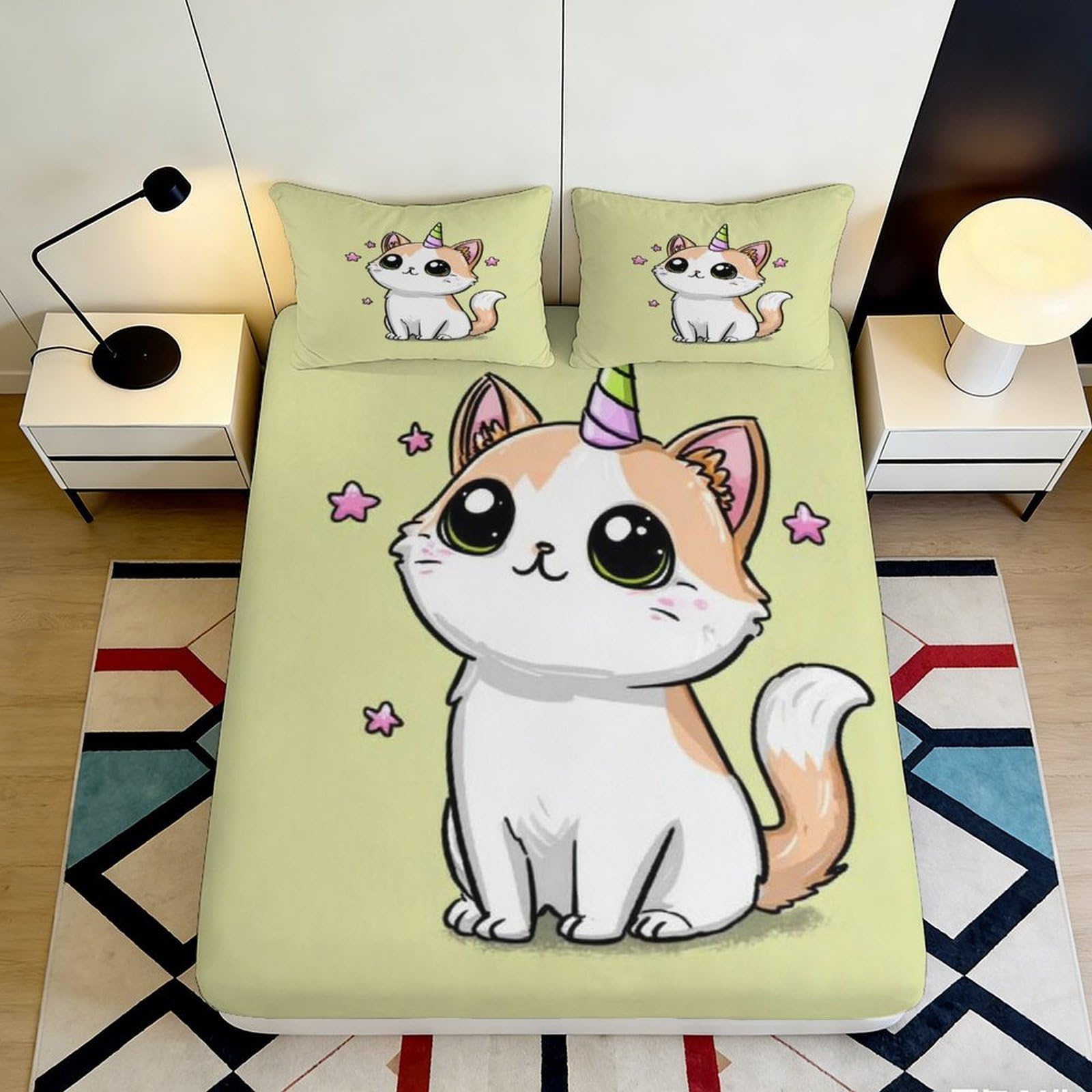 3D Printed Cute Cartoon Cat Fitted Sheet Microfiber Deep Pocket Non-Slip Cat Mattress Fitted Cover for Bedroom 90x200x25cm