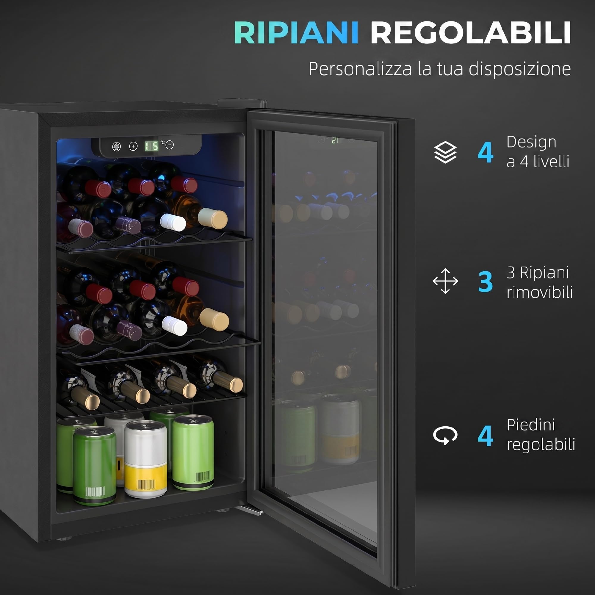 HOMCOM Cantinetta Vino Refrigerata 24 Bottiglie 68L Cantina Vino Silenziosa Temperatura Regolabile 4-16℃ Frigo Vino Bar con Vetro Anti UV, Ripiani, Compressore, Display Touch, Luci LED, Classe F, Nera