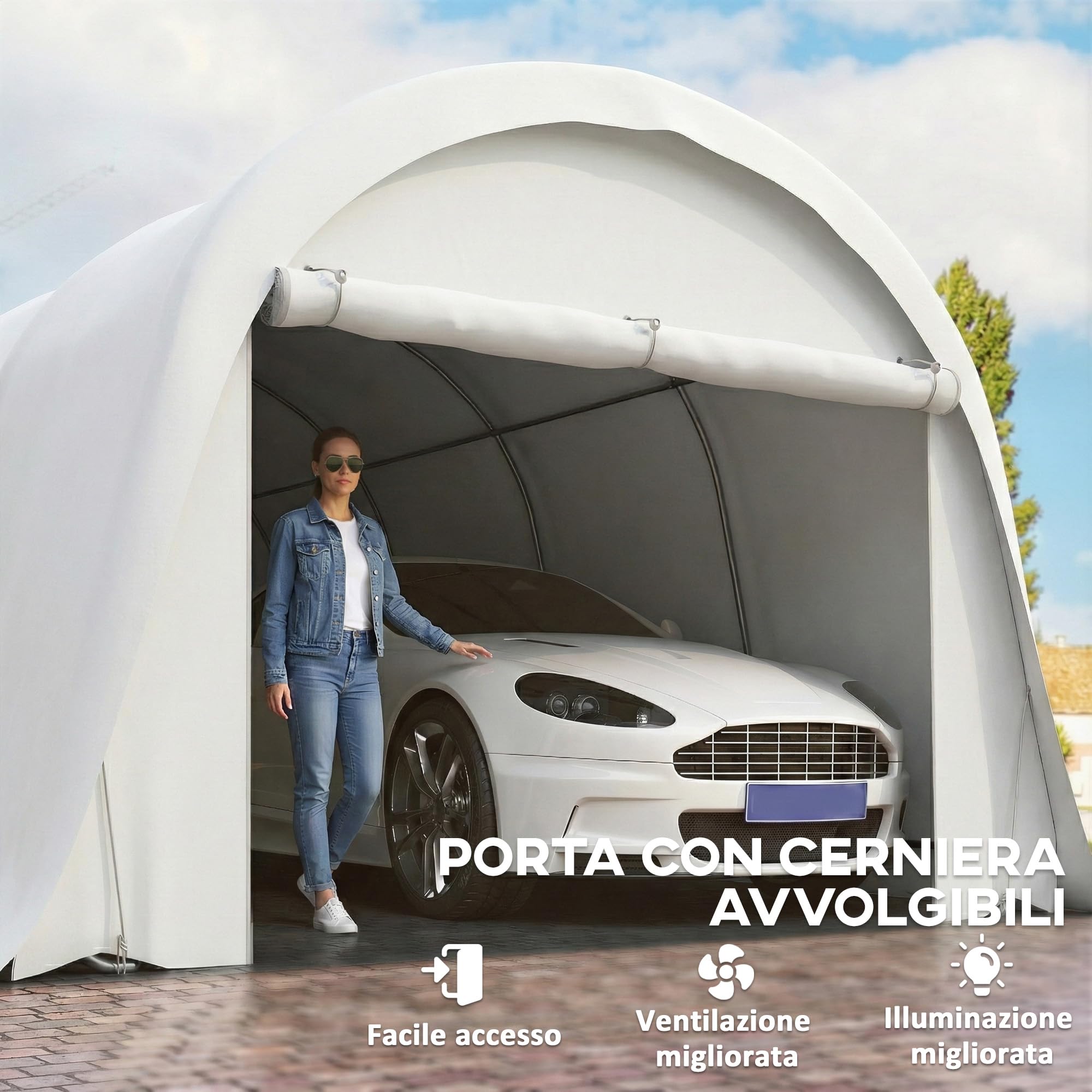 Outsunny Garage Auto per Esterno 3.6x7.2 m con Copertura PE, UV50+, Tettoia per Auto Telaio Zincato Porta Avvolgibile, Crema