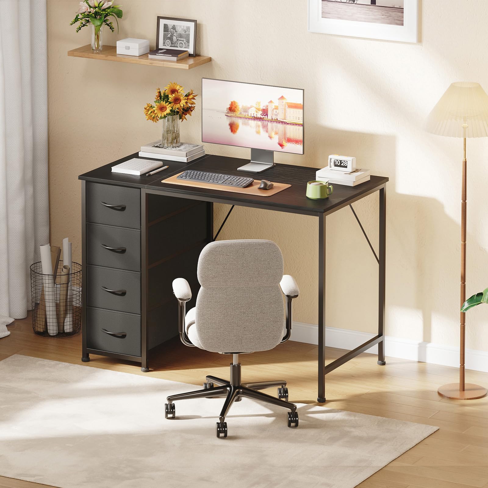 Somdot Schreibtisch, 4 Stoffschubladen Links oder rechts, 100x48 cm Schwarz