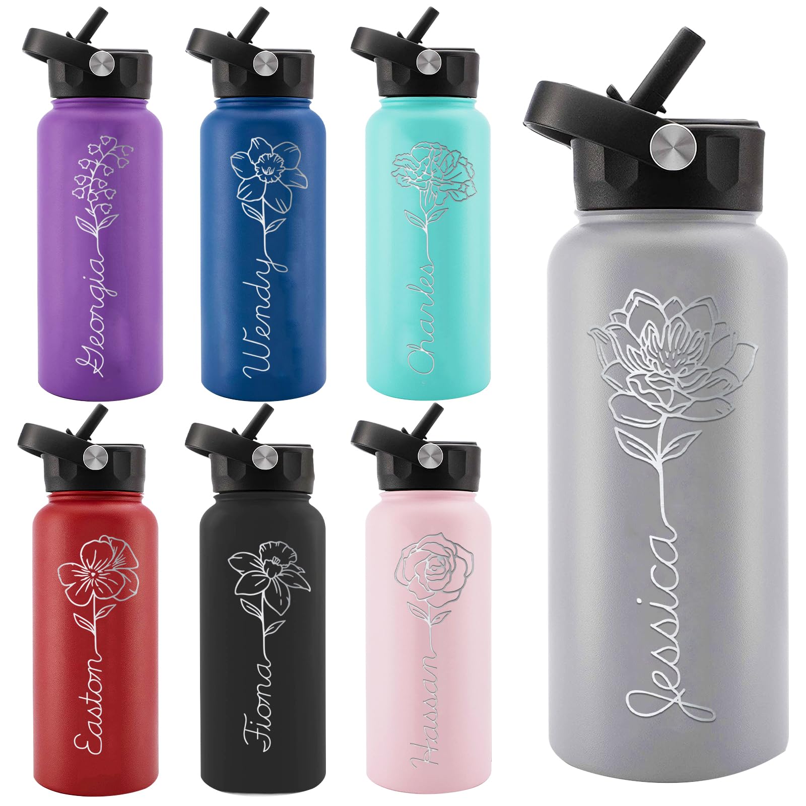 Personalized Water Bottles, Custom Water Bottle with Birth Month Flower Personalized Text Names, Gifts for Women, Customized Engraved Stainless Steel