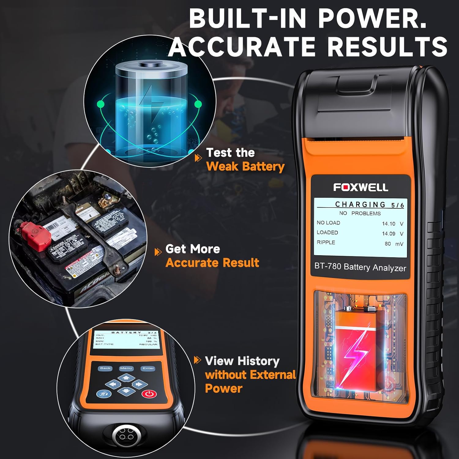 FOXWELL BT780 Car Battery Tester, 12V 24V Battery Load Analyzer with Printer & Portable Carrying Case for OBD2 Scanners & Battery Testers