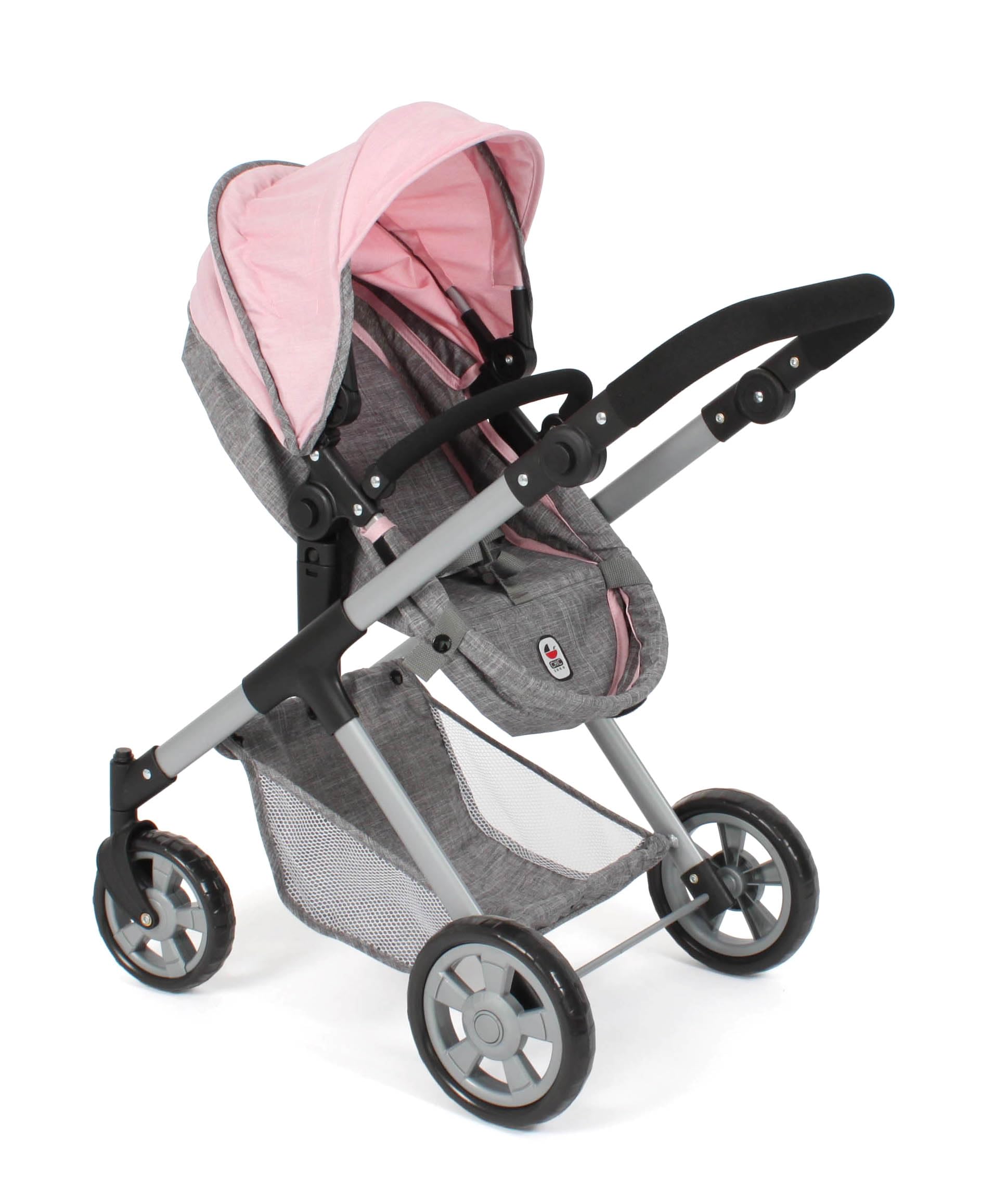 Bayer Chic 2000 Cochecito de muñecas Mila 2 en 1, Color Gris y Rosa, Mango Regulable en Altura de 39 a 72 cm, Estructura Moderna, muñecas de hasta 50 cm, 3-7 años