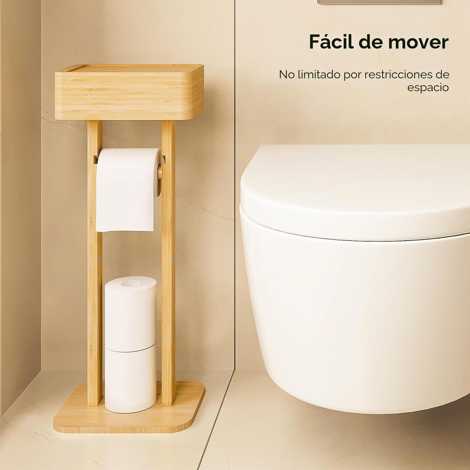 Portarrollos de papel higiénico 4 en 1 con caja de almacenamiento, organizador de papel higiénico de pie de bambú para baño, escritorio temporal