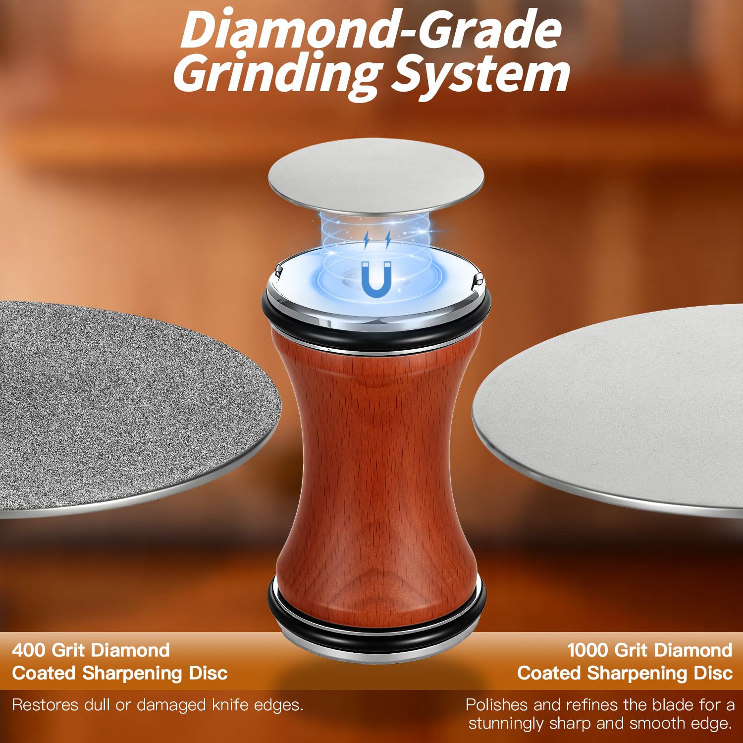 Rollschleifer Messerschärfer mit 6 Magnetwinkeln (12°/15°/17°/19°/22°/25°), 4 Diamant-Schärfklingen für jede Stahlhärte, 400 & 1000 Grit – Präzisions-Schärfwerkzeug für gerade Kanten, Geschenkbox