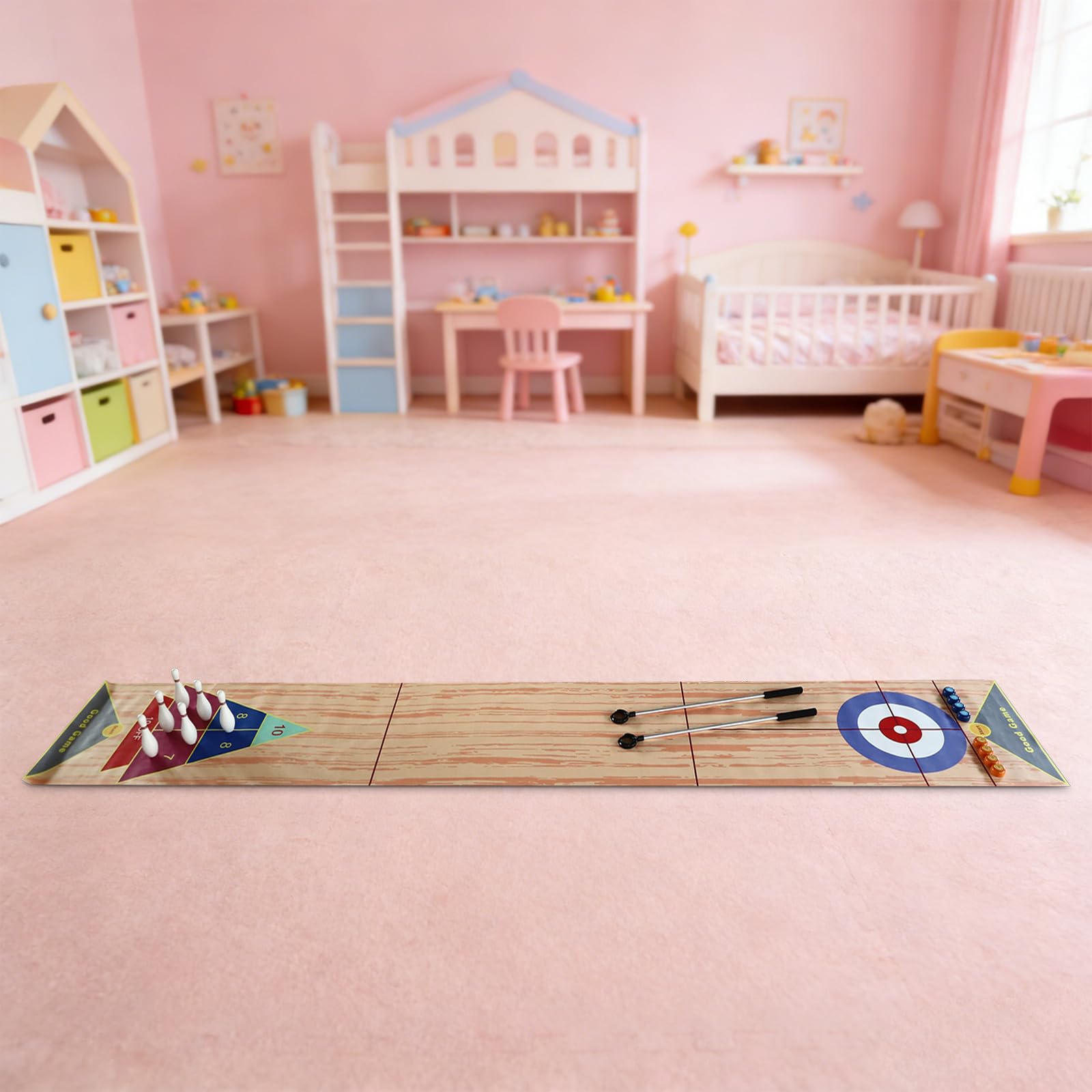 3 in 1 Curling Spiel, Tisch Spiele mit 8 Shuffleboards + 6 Bowlingflaschen + Curling Kombi + 2 Putter Faltbarer Bahnmatte Eisstockschießen Tisch Curling für Kinder & Erwachsene