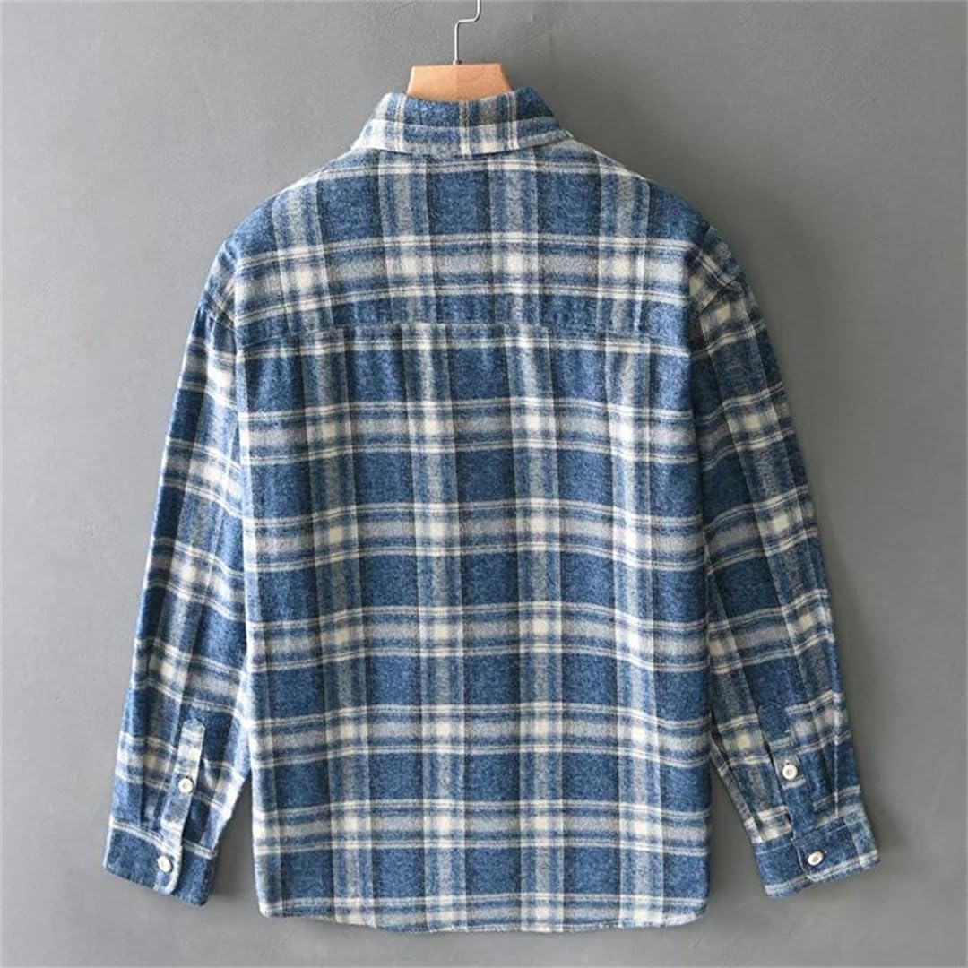 Men Retro Plaid Long Sleeve Shirts Patchwork Solid Cotton Top Casual Loose Shirt