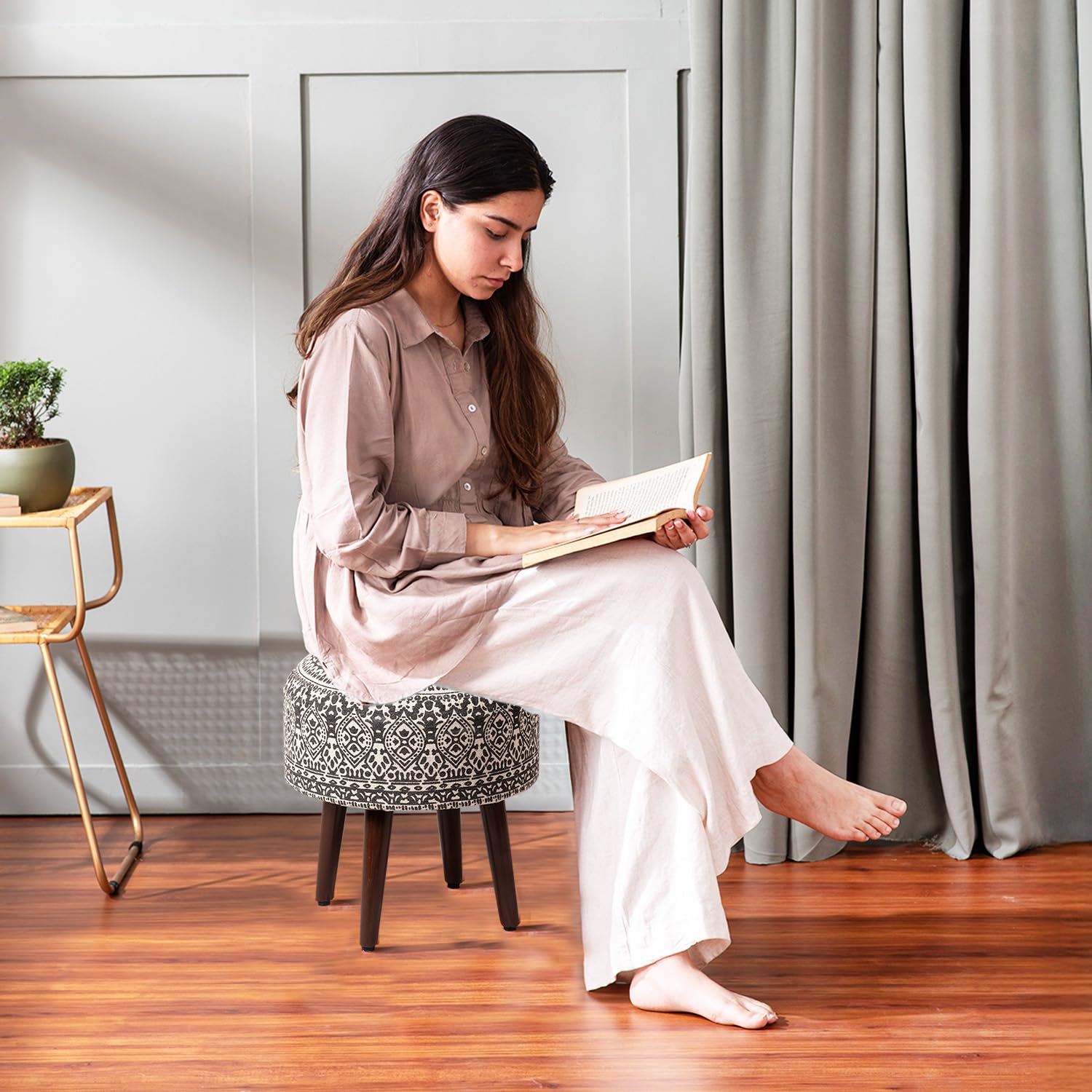 nestroots Set of 2 Wooden Ottoman Stools for Living Room | Printed Pouffes for Sitting, Foot Rest with 4 Wooden Legs | 17 Inch Height, Grey | Stylish & Comfortable Furniture for Home Décor 2