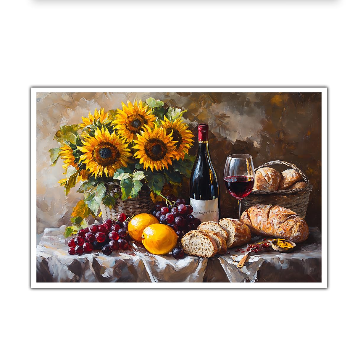 CHERHERART Vintage Fruit and Bread Farmhouse Pictures Poster Sunflower Still Life Wall Art Prints Decor Rustic Flowers in Vase Canvas Painting 35x55cm Frameless