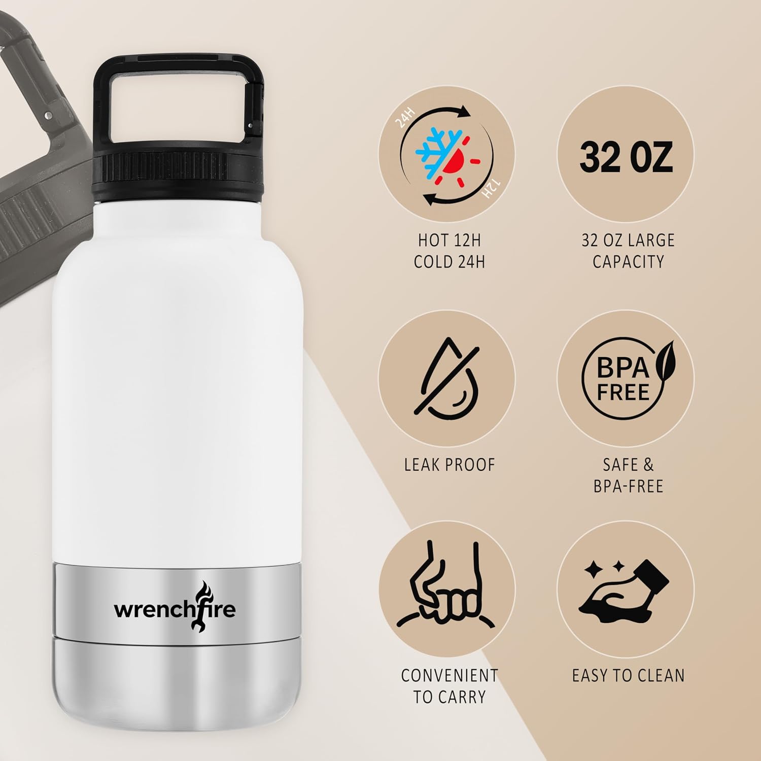 Portable Dog Water Bottle with 2 Detachable Bowls,32 oz Leak-Proof Insulated Stainless Steel Pet Water Bottle for Travel with Brush,White