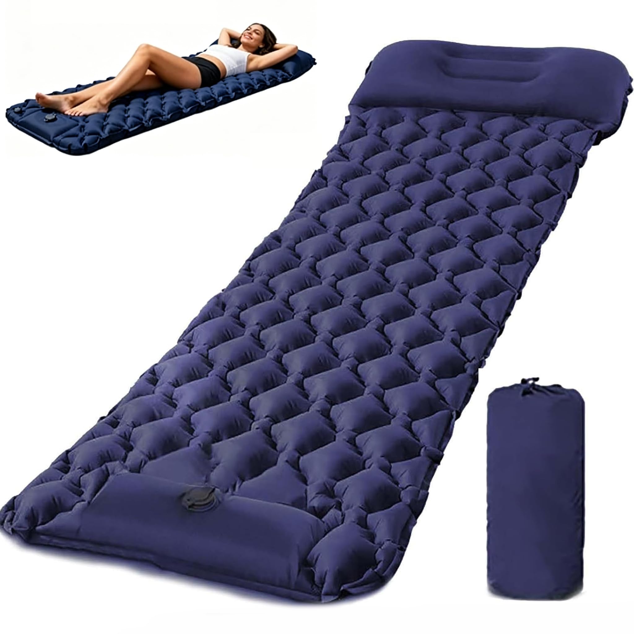 Lounge Mat – Portable Chill Zone, Self Inflating Sleeping Pad with Built-in Foot Pump, Lightweight Travel Air Mattress, Durable Car Tent Bed for Camping, Backpacking, Hiking, Car Camp (Navy Blue)