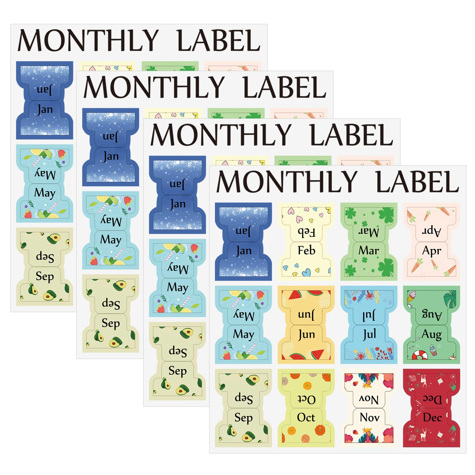 CIEMODA 4 Sheets Colorful Monthly Adhesive Tabs, 48 Pcs Monthly Divider Tabs, 1-12 Months per Sheet,Waterproof Month Tabs for Planner