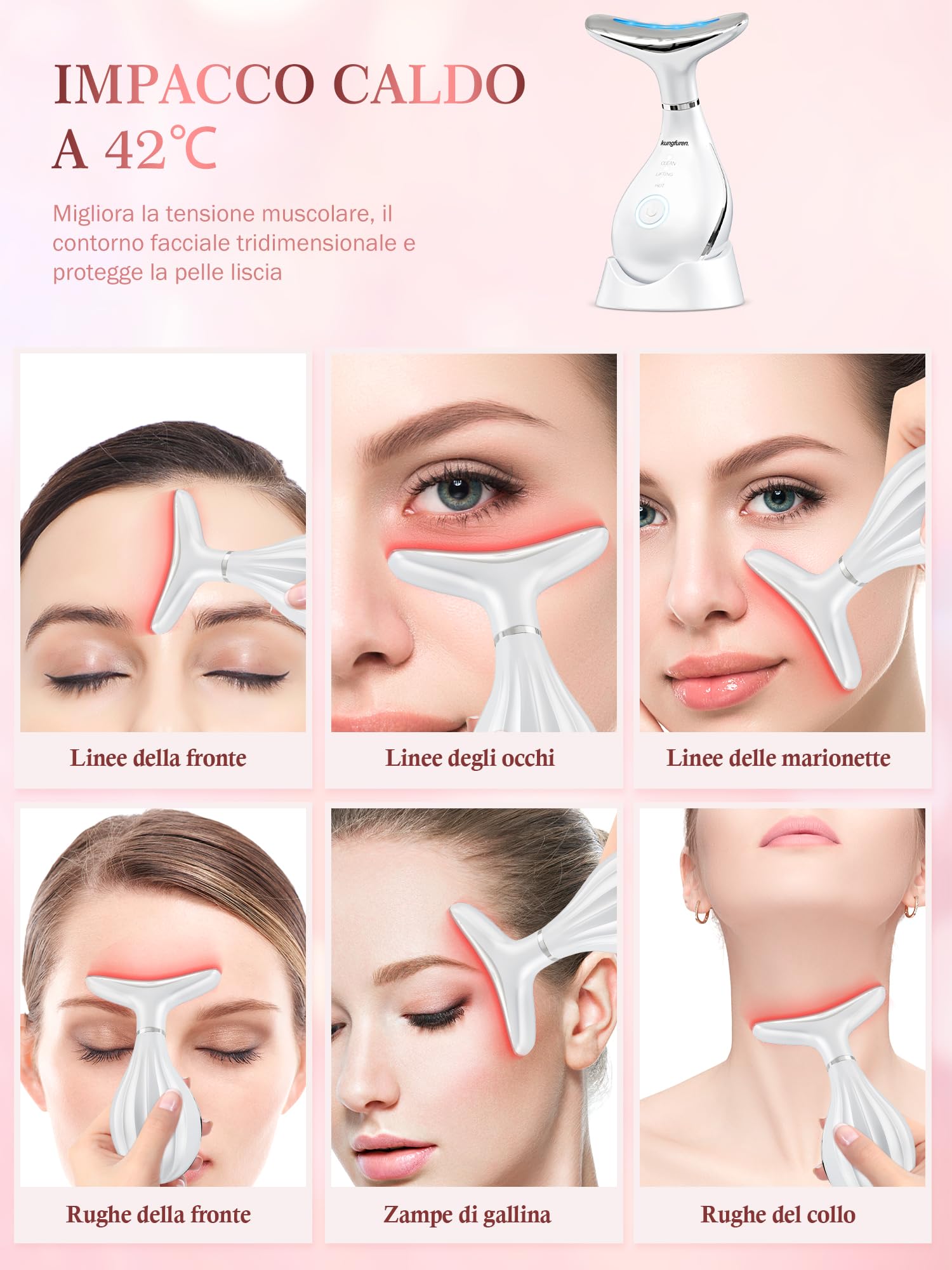 Massaggiatore Viso Antirughe Lifting Elettrico: Face Antirughe Dispositivo Viso EMS Lifting Massaggiatore con Impacco Caldo a 42°C Terapia Lifting con 3 Modi LED e Base