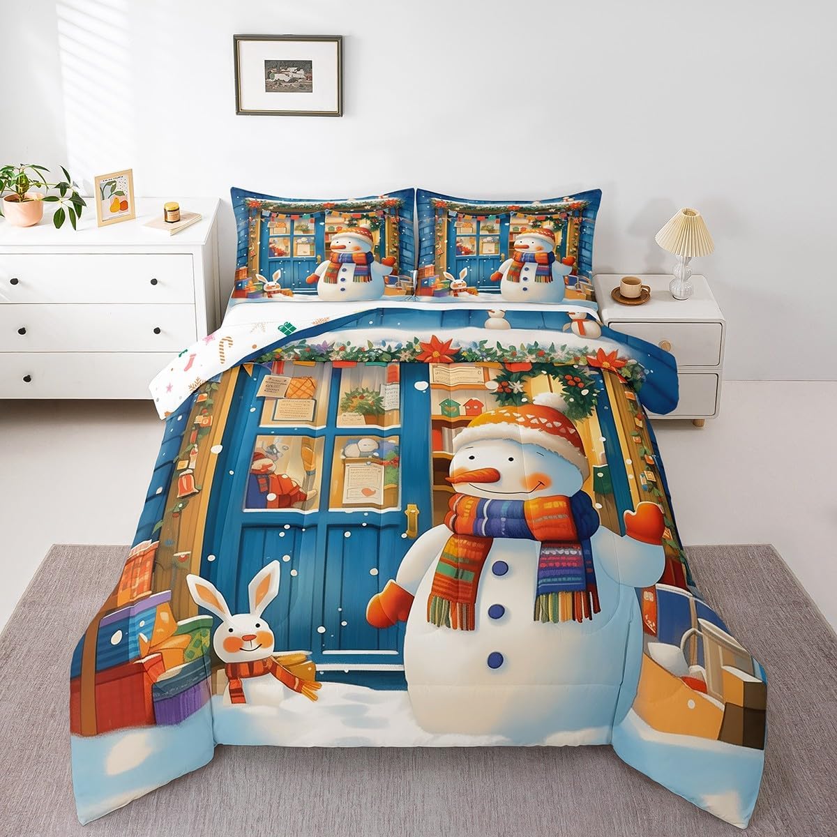 Watercolor Snowman Comforter Set Queen Size Rustic Wooden Farmhouse Cabin Bedding Set Bedroom Decor Christmas Quilt Set Comfortable Breathable Brown Jungle Trees Duvet Insert 3Pcs
