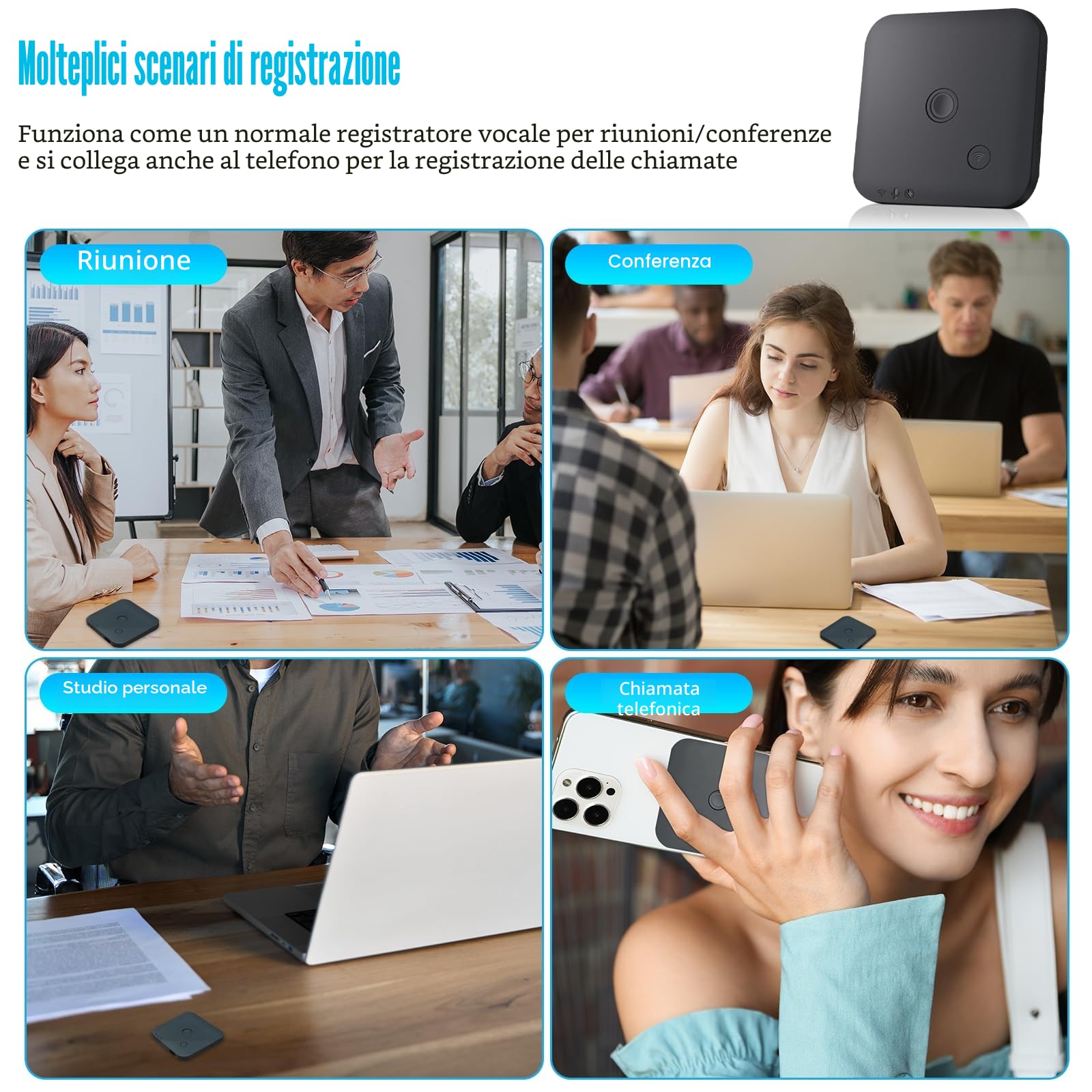 Registratore Vocale AI, Registratori Vocali Digitali Professionale Magnetico da 64GB con ChatGPT 4o per Trascrivere e Riassumere in 102 Lingue,Registratore Vocale per Conferenze (nero)
