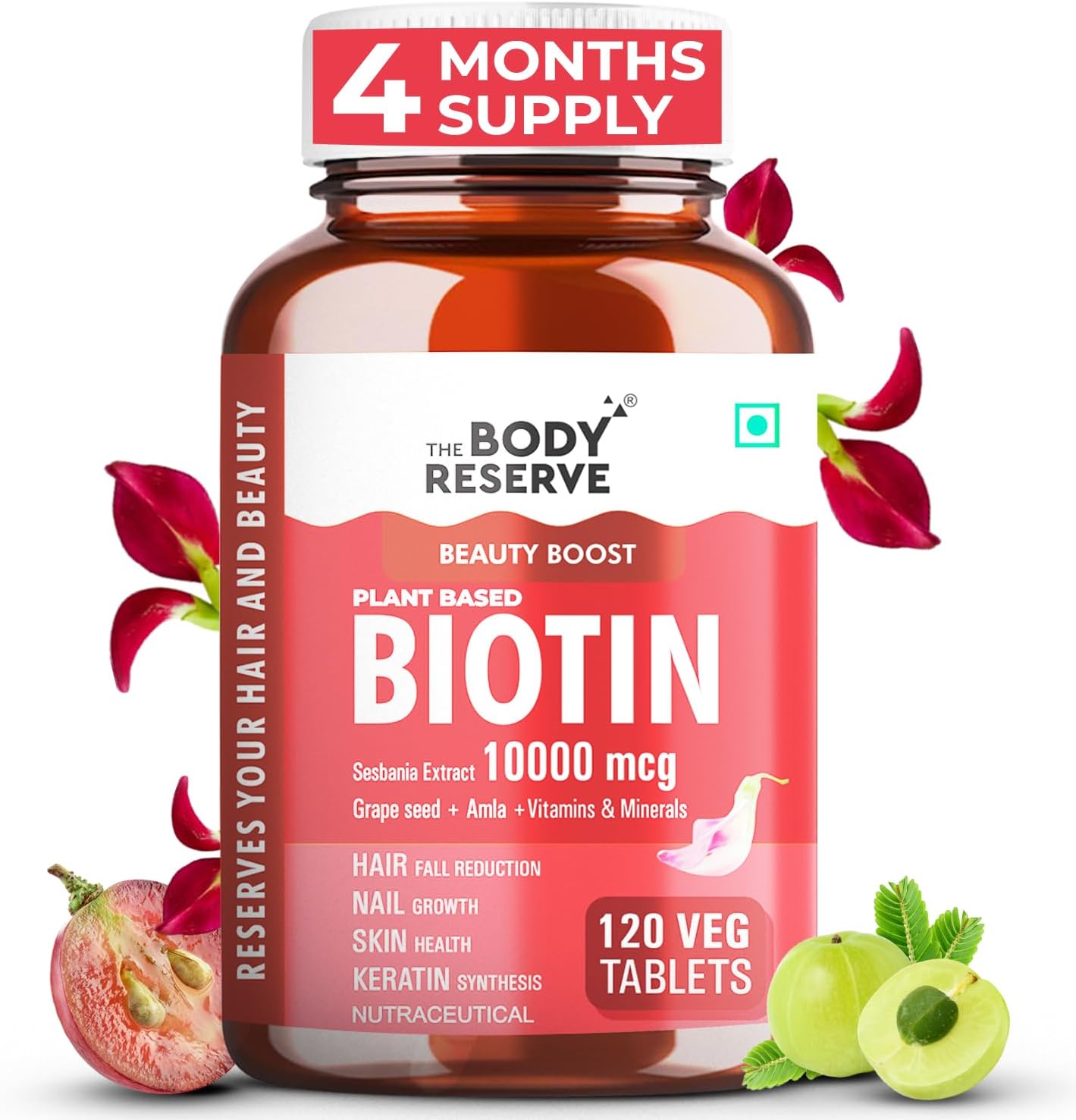 The Body Reserve Plant Based Biotin Tablets -120 Veg Tablets, Biotin from Sesbania with Amla, Grapeseed & Hair Multivitamins
