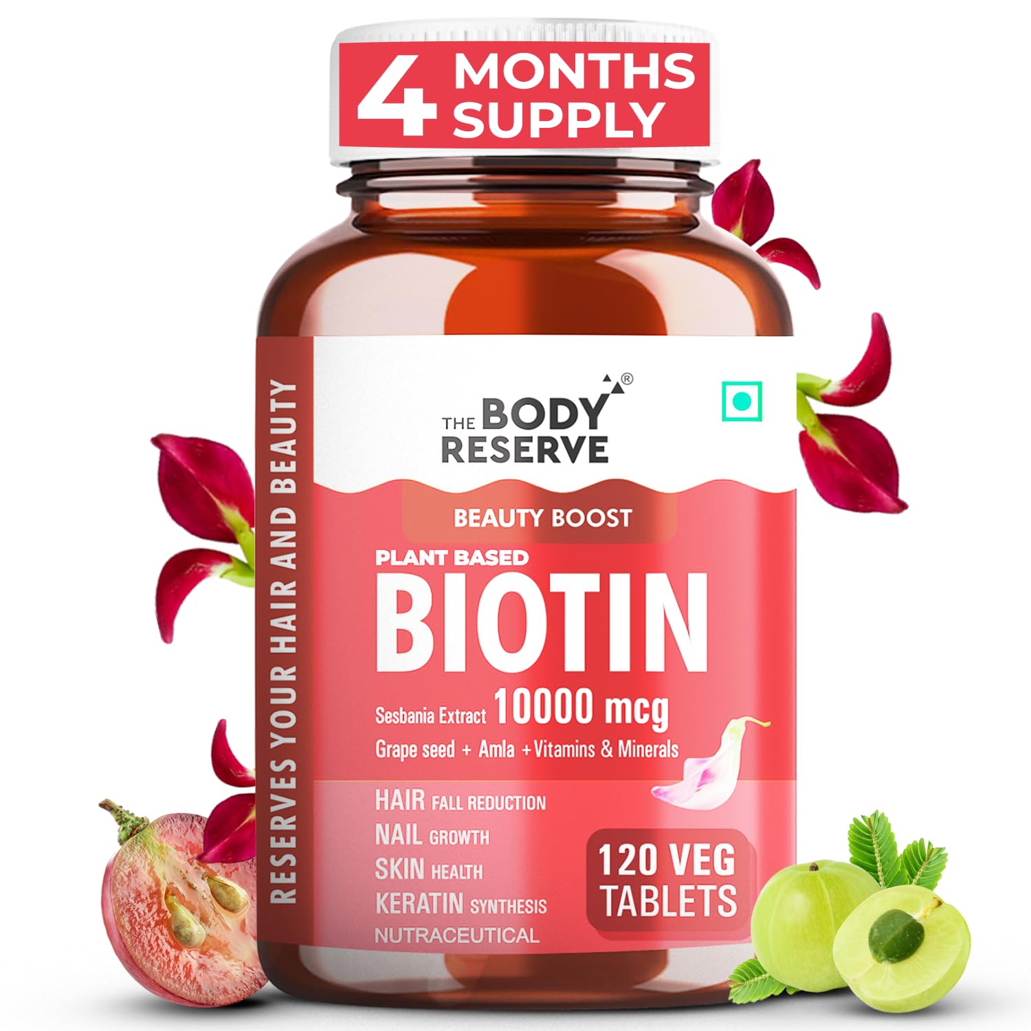 The Body Reserve Plant Based Biotin Tablets -120 Veg Tablets, Biotin from Sesbania with Amla, Grapeseed & Hair Multivitamins, Biotin helps Hair Growth, Strong Hair, Glowing Skin & Nails, For Men Women