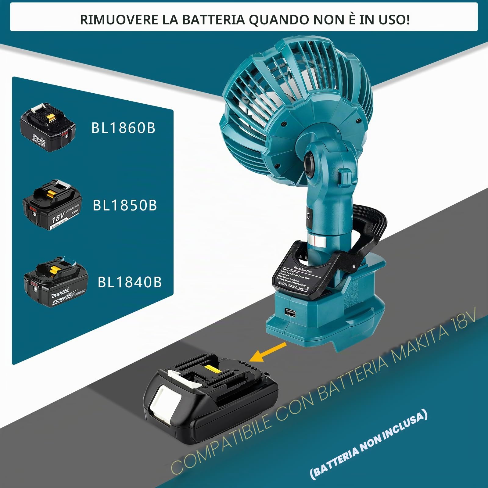 Per ventilatore a batteria Makita da 18 V, portatile con clip on ventilatore da tavolo a 3 velocità, porta USB per cantiere, passeggino, campeggio (senza batteria)