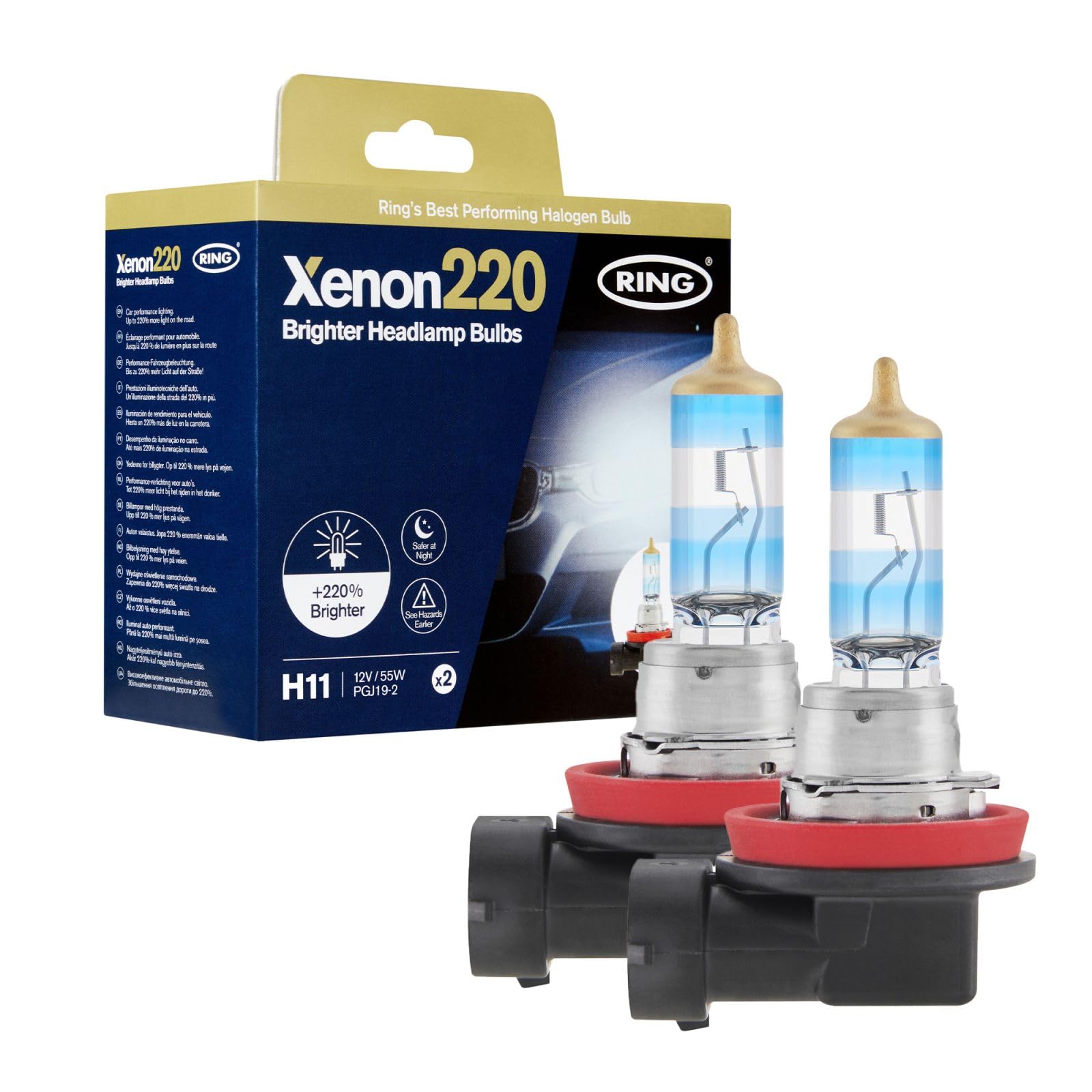 Ring Xenon220 Halogen Headlamp (H11) Bulbs - Pair, 220% More Light, Road Legal