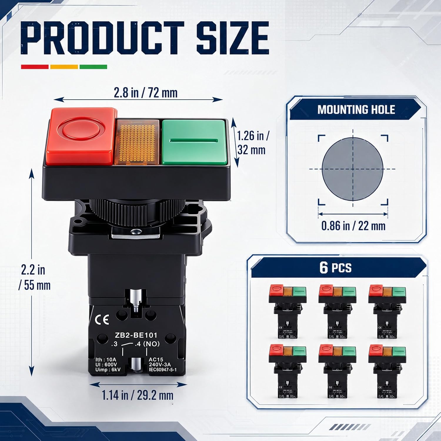 Tellegloww 6 Pack Double Head Push Button Switch with Signal Lamp, On/Off Start/Stop Push Button Light Indicator for Home & Industrial Machinery, Mount Panels in Operating Room & Distribution Box