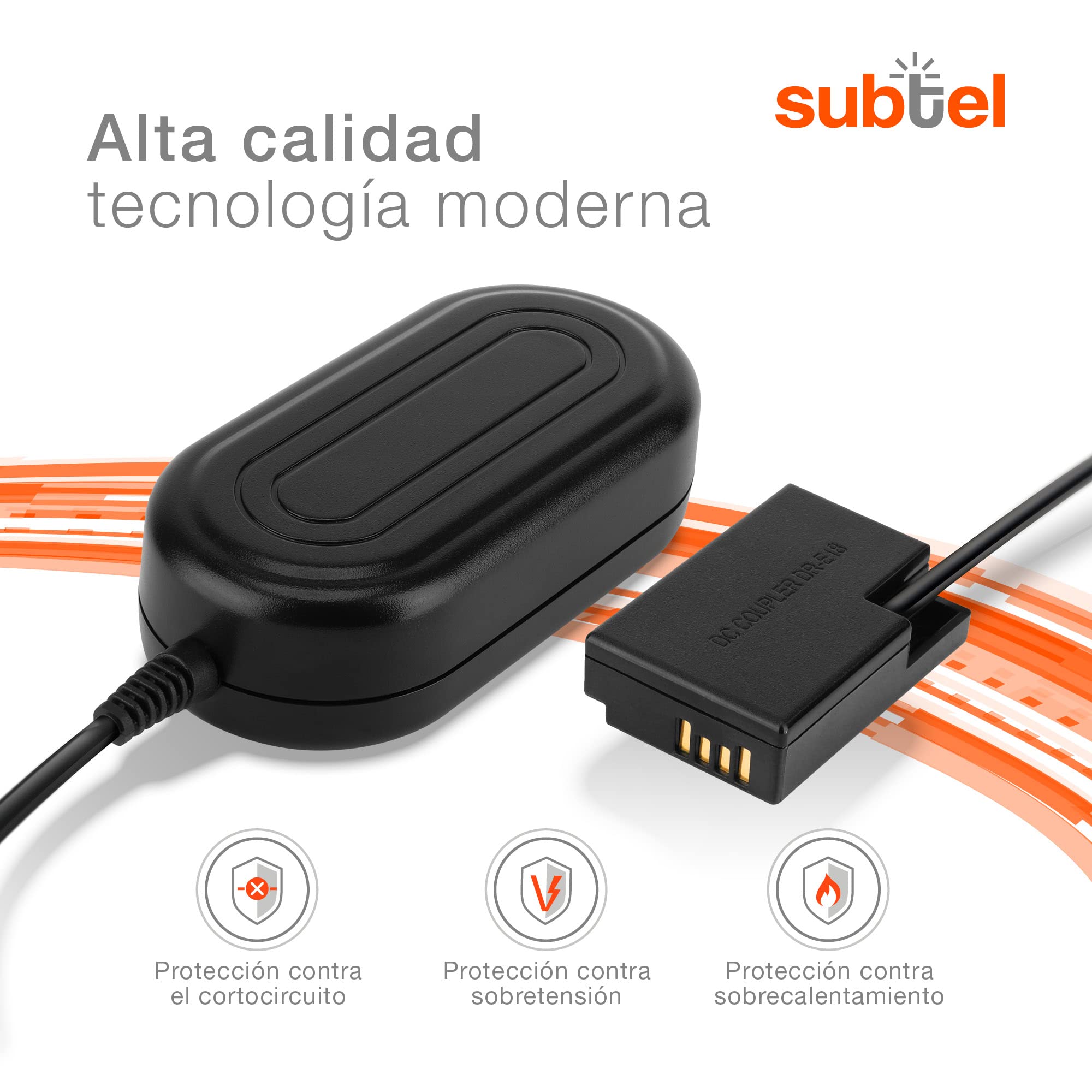 subtel Fuente de alimentación Compatible con ca. 3m ACK-E18 + Acoplador DC Alimentador DC Coupler, Dummy Battery